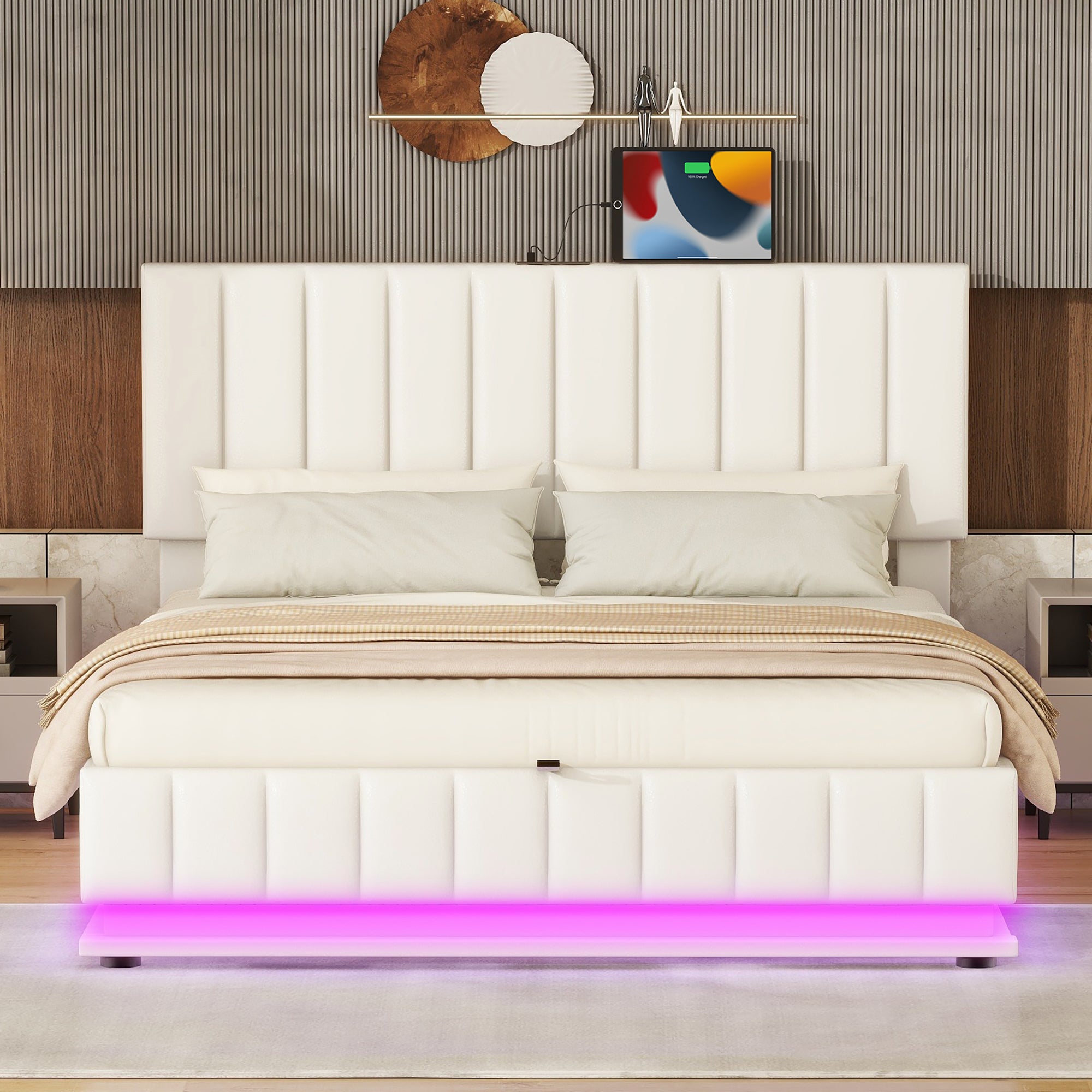 Queen Size Upholstered Bed with Hydraulic Storage System and LED Light, Modern Platform Bed with Sockets and USB Ports, White