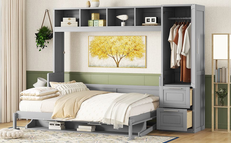 Queen Size Murphy Bed Wall Bed with Closet and Drawers,Gray