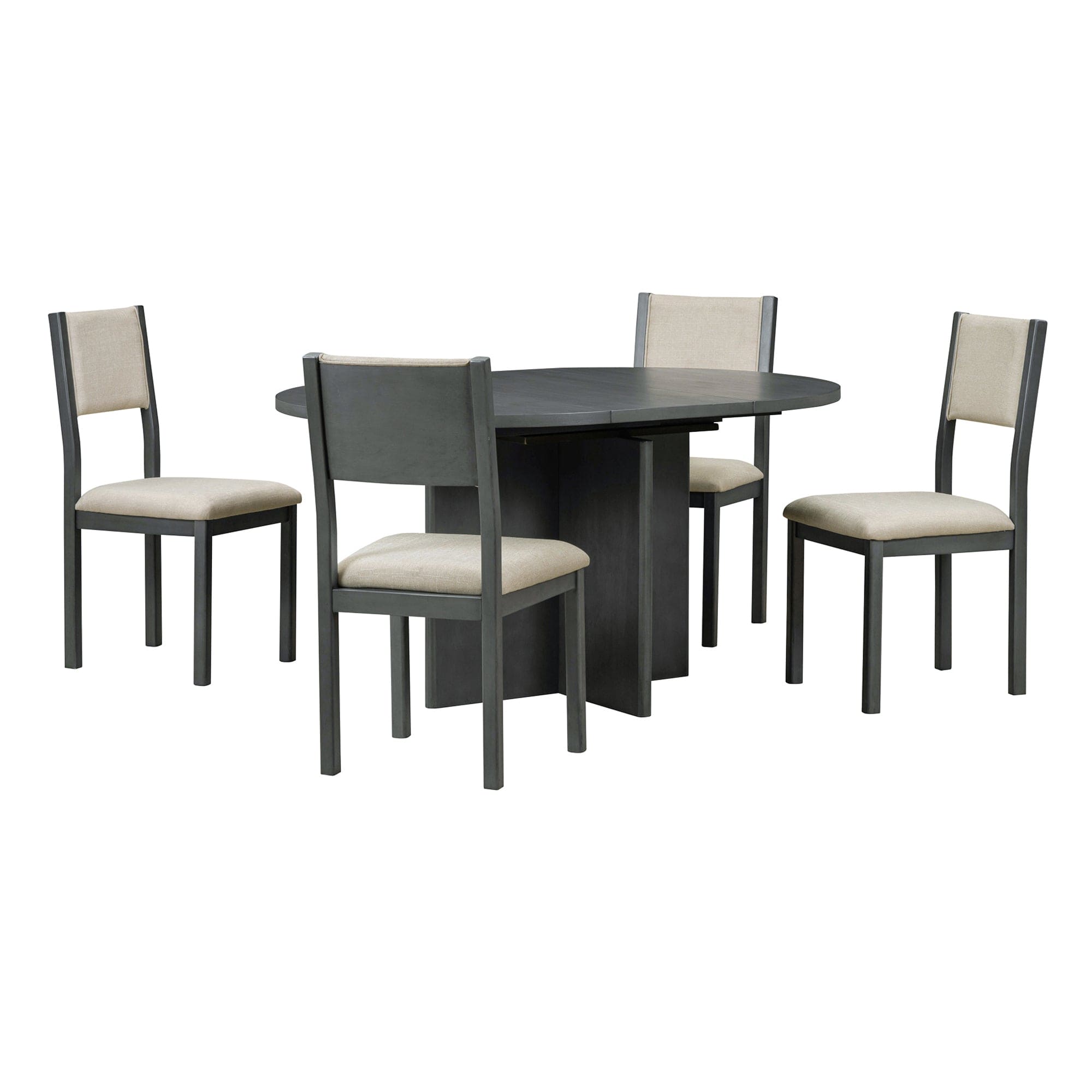 TREXM 5-Piece Retro Functional Dining Set, 1 Extendable Table with a 16-inch Leaf and 4 Upholstered Chairs for Dining Room and Kitchen (Gray)