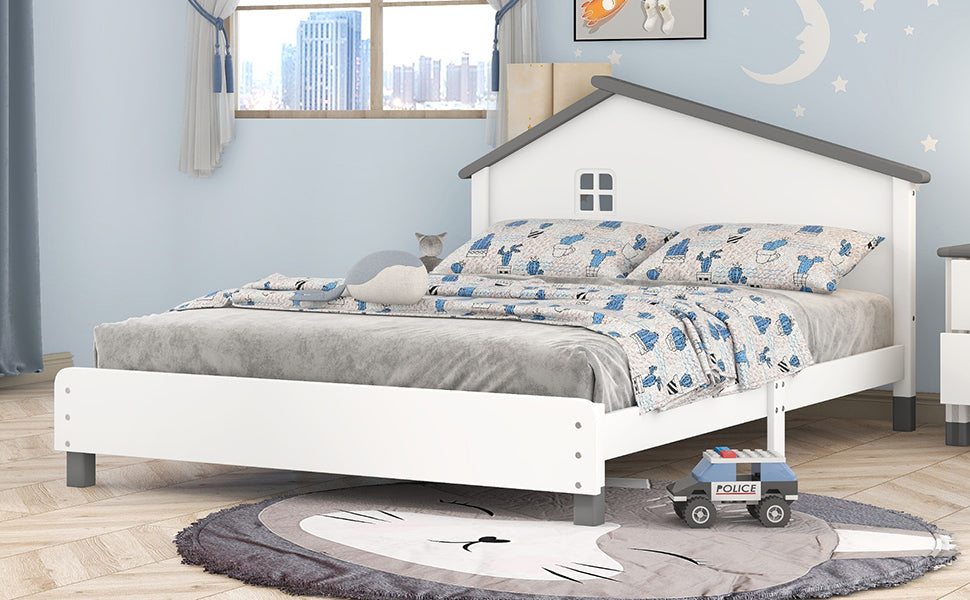 Full Size Wood Platform Bed with House-shaped Headboard  (White+Gray)