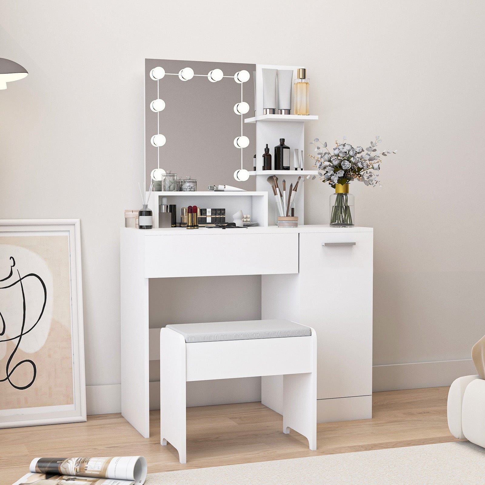 Makeup Vanity Table Set with Drawer and Storage Cabinet, Dressing Table with Vanity Cushioned Stool for Bedroom, Makeup Room