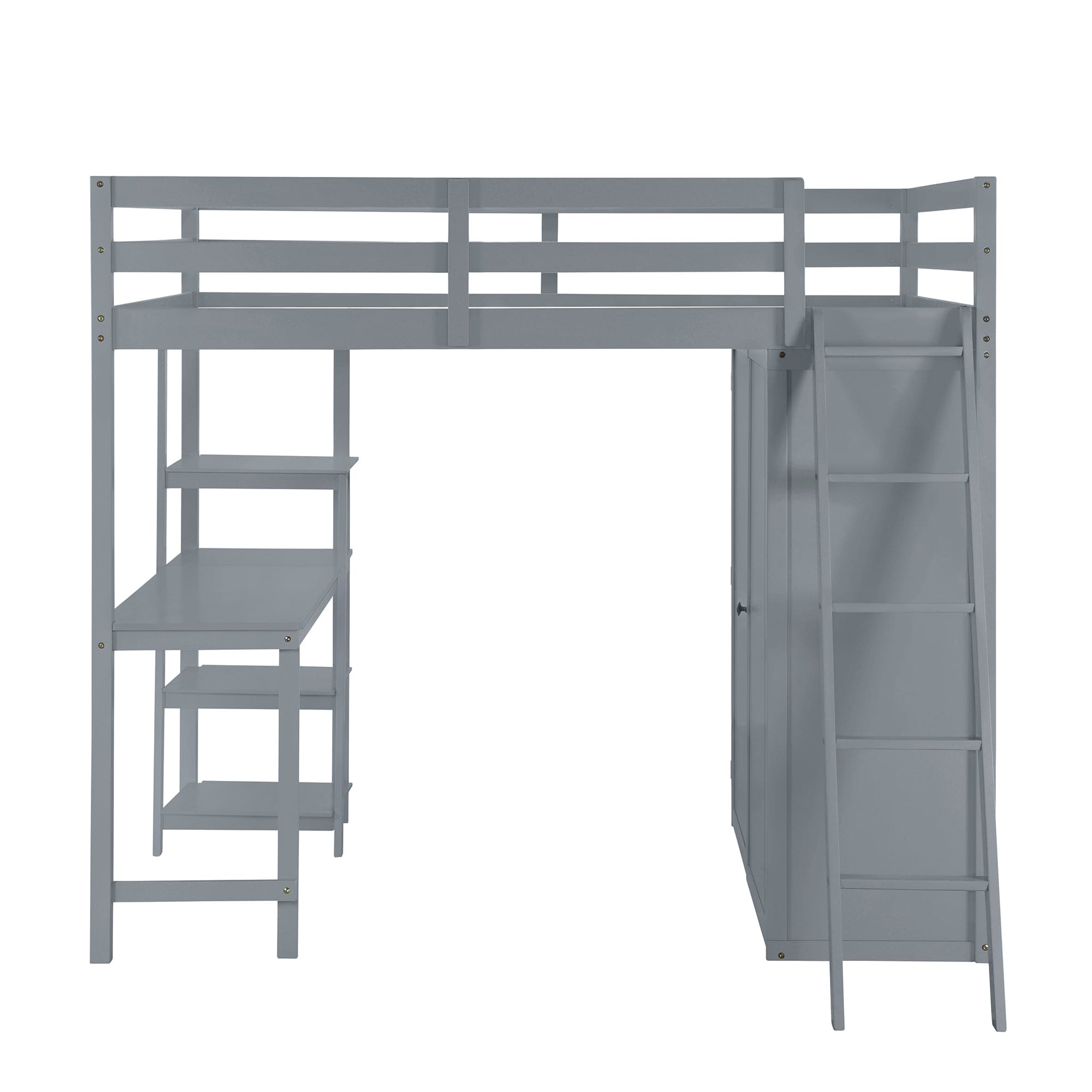 Full Size Loft Bed with Wardrobe and Desk and Shelves, Gray