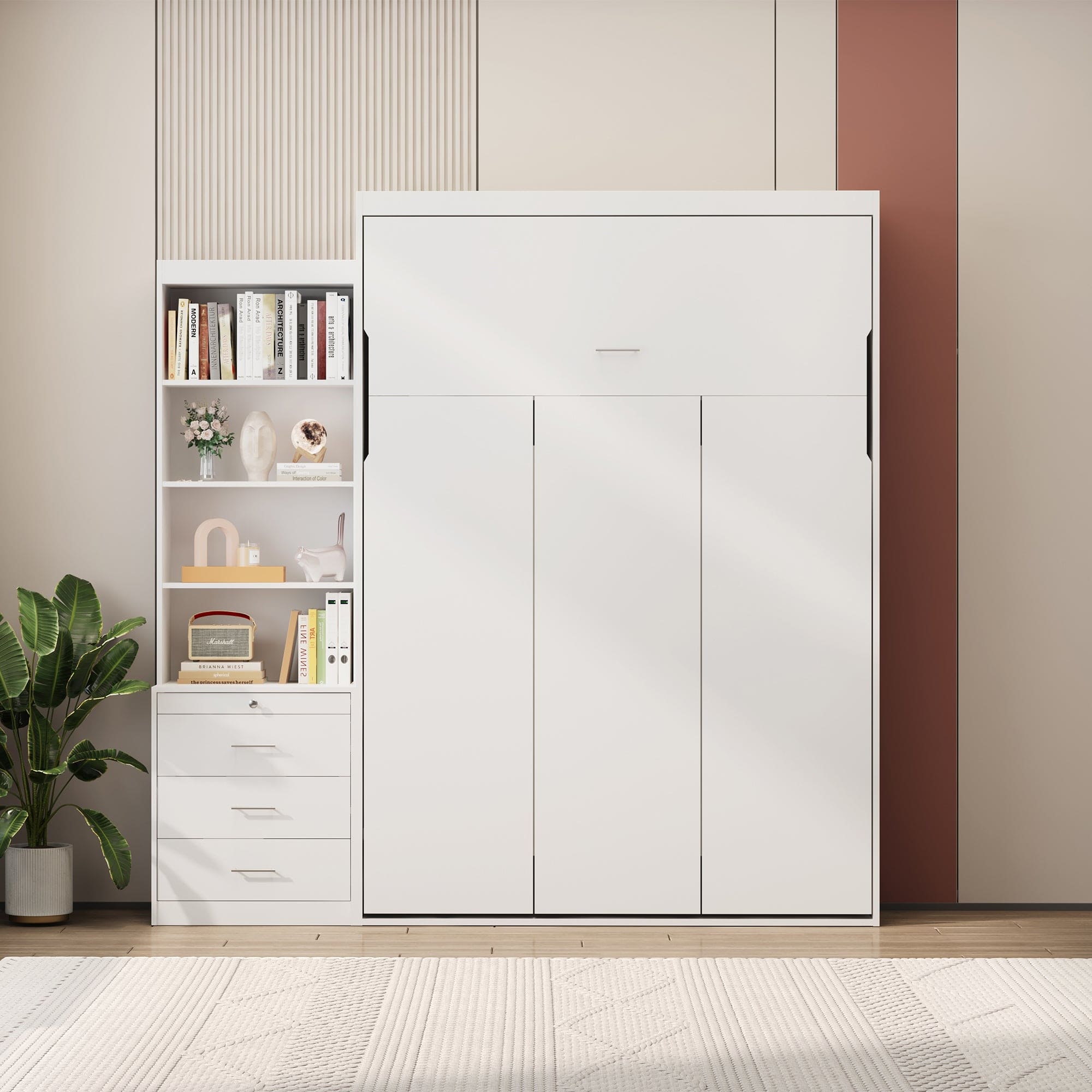 Morden Deisgn Full Size Vertical Murphy Bed with Shelf and Drawers for Bedroom or Guestroom White Wall Bed Space Saving Hidden Bed with New Style Gas Struts