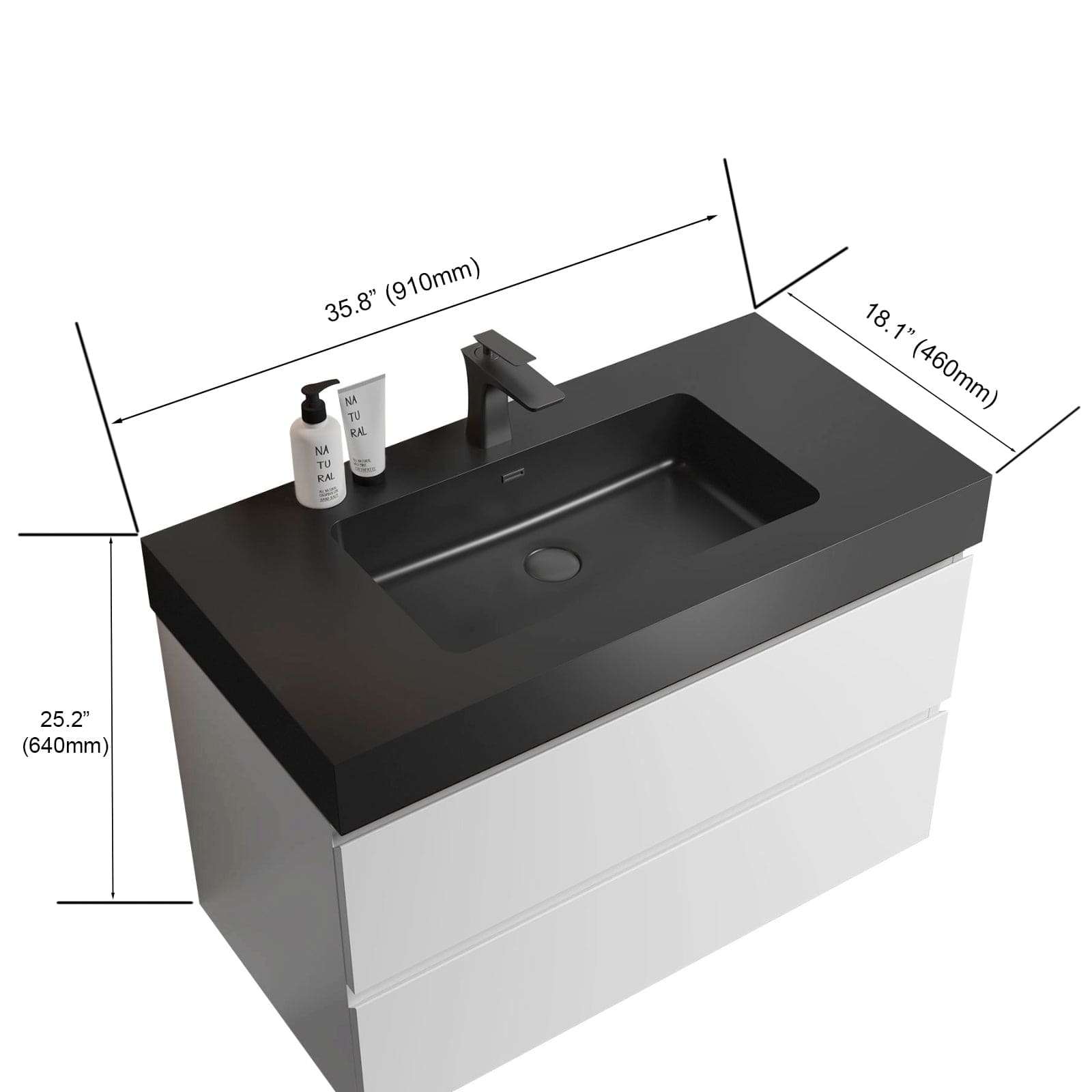 Alice 36" White Bathroom Vanity with Sink, Large Storage Wall Mounted Floating Bathroom Vanity for Modern Bathroom, One-Piece Black Sink Basin without Drain and Faucet