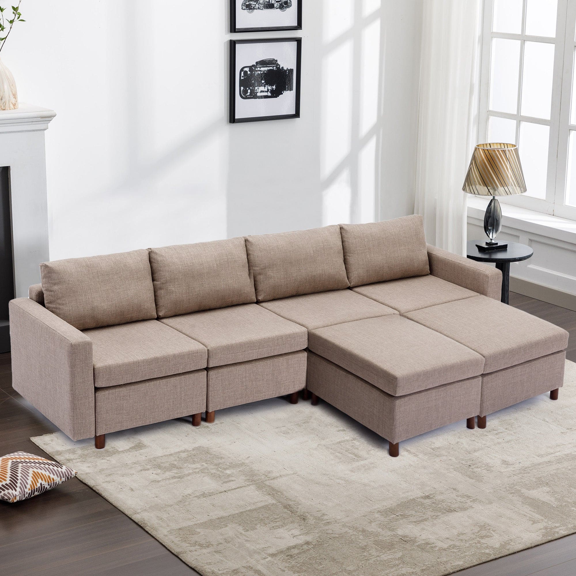 4 Seat Module Sectional Sofa Couch With 2 Ottoman for living room,Seat Cushion and Back Cushion Non-Removable and Non-Washable,Brown