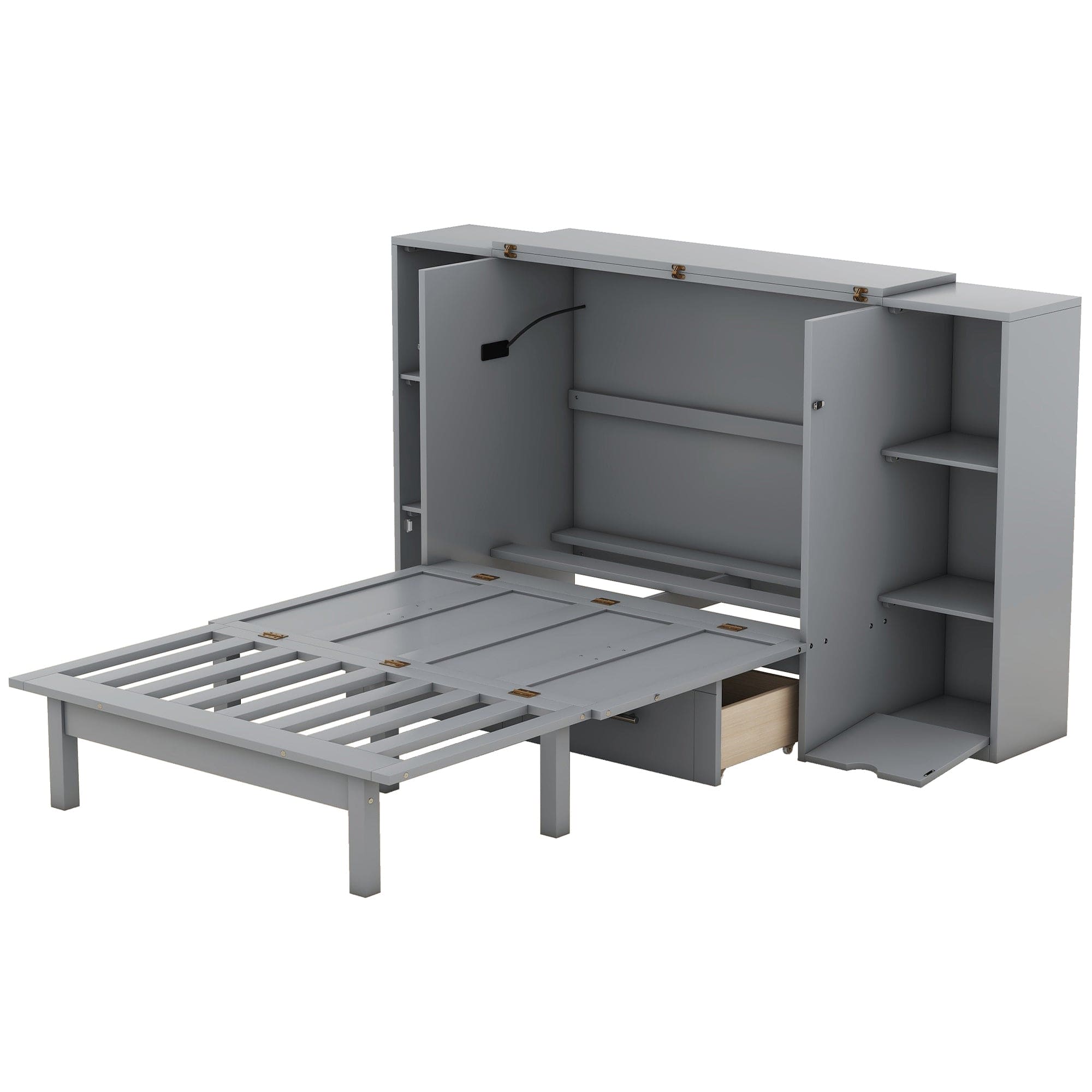 Queen Size Murphy Bed with Shelves, Drawers and USB Ports,Gray