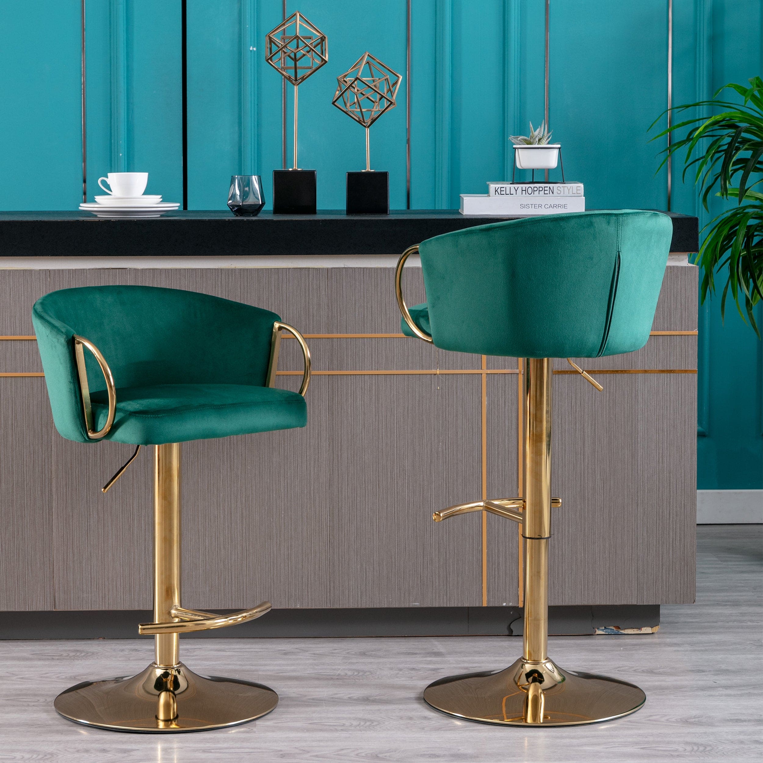 Set of 2  Bar Stools,with Chrome Footrest and Base Swivel Height Adjustable Mechanical Lifting Velvet + Golden Leg Simple Bar Stool-Green