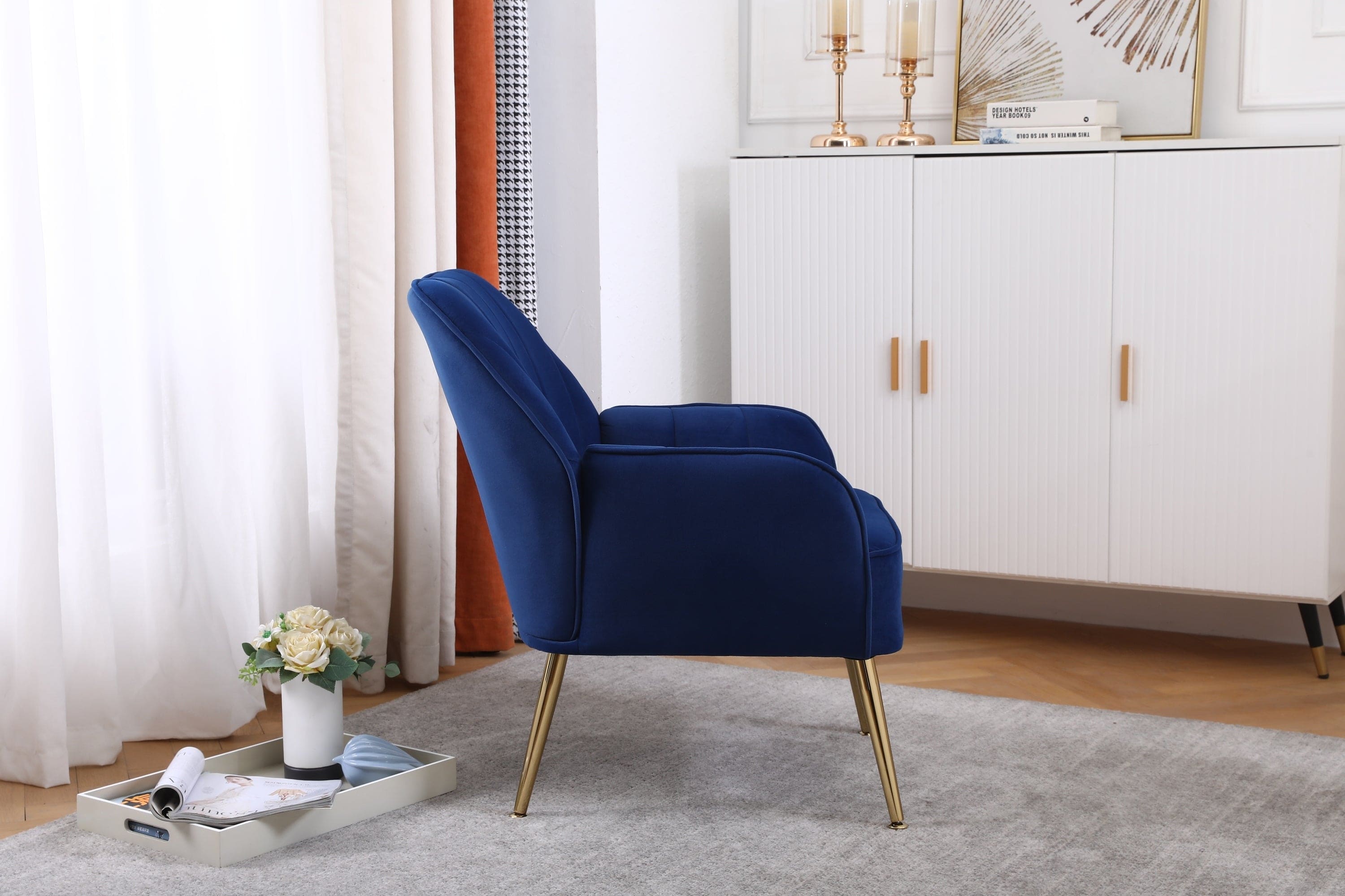 Modern Mid Century Chair velvet  Sherpa Armchair for Living Room Bedroom Office Easy Assemble(NAVY)