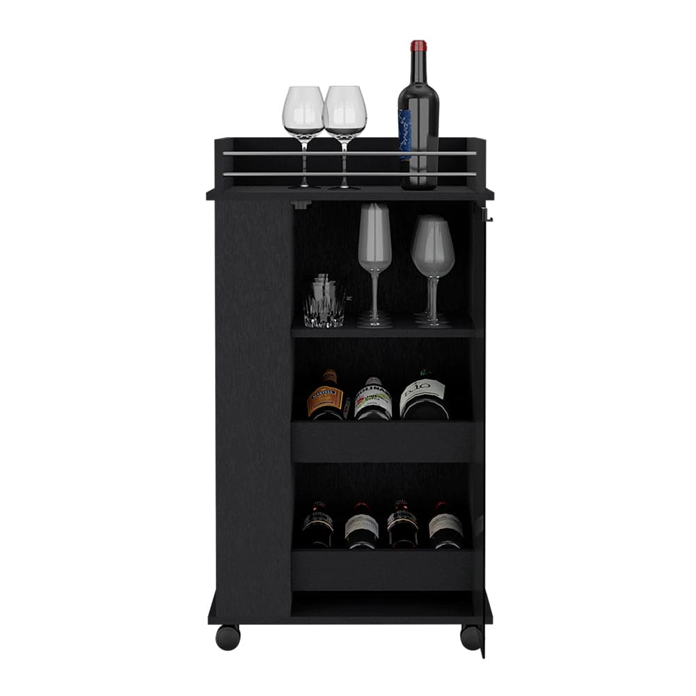 Bar Cart with Two-Side Shelves Beaver, Glass Door and Upper Surface, Black Wengue Finish