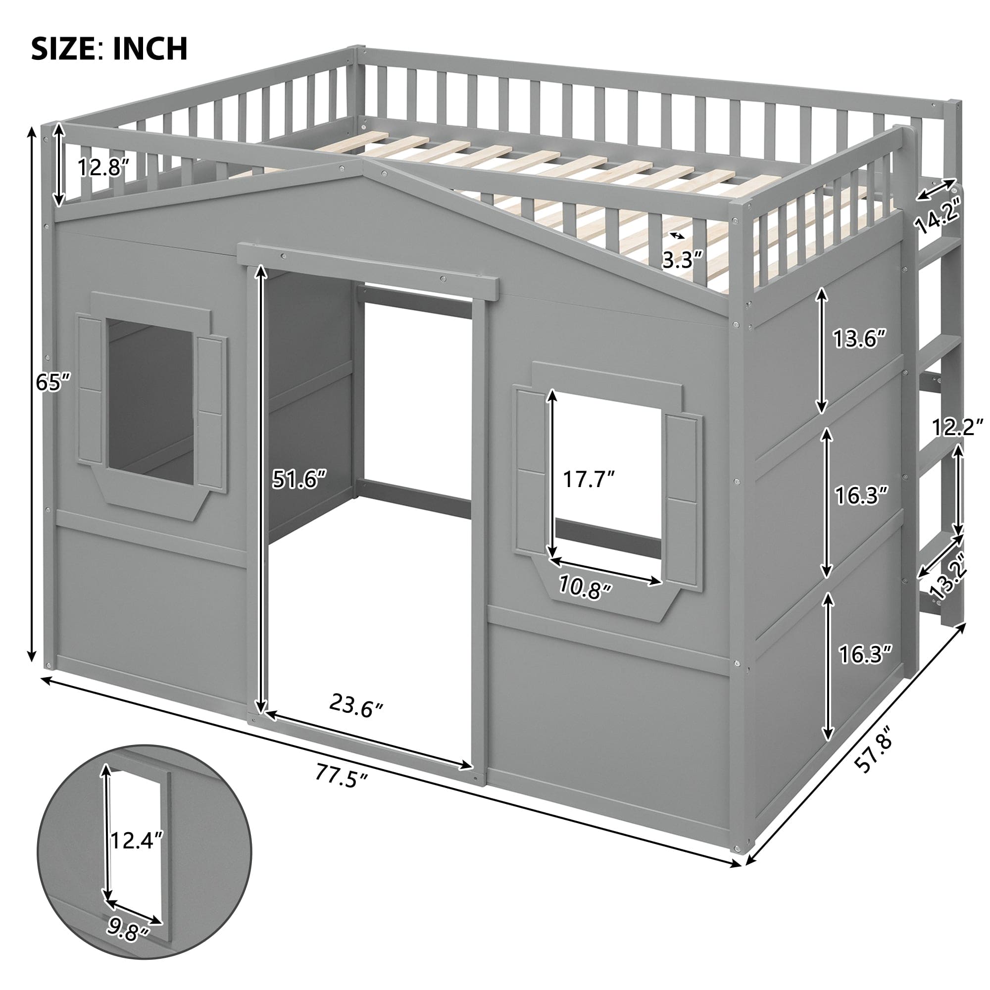 Full Size House Loft Bed With Ladder-Gray