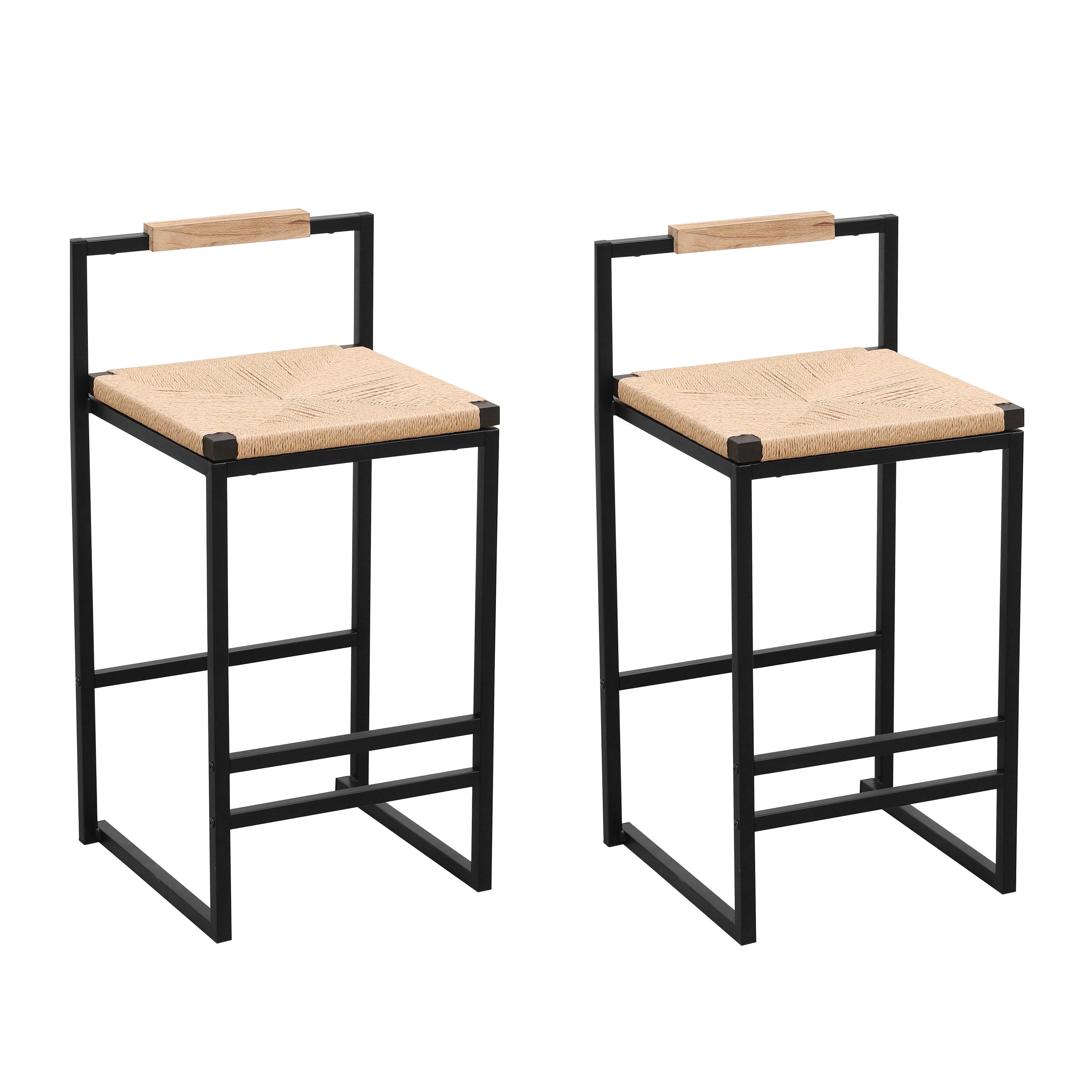 Set of 2 Bar Stools with Back  Paper Rope Woven Counter Height Dining Chairs for Kitchen, Home (Paper Rope with Back)