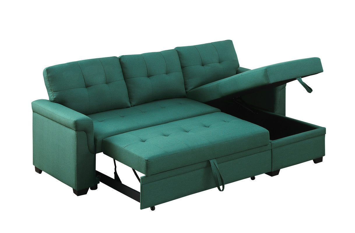 Lucca Green Linen Reversible Sleeper Sectional Sofa with Storage Chaise