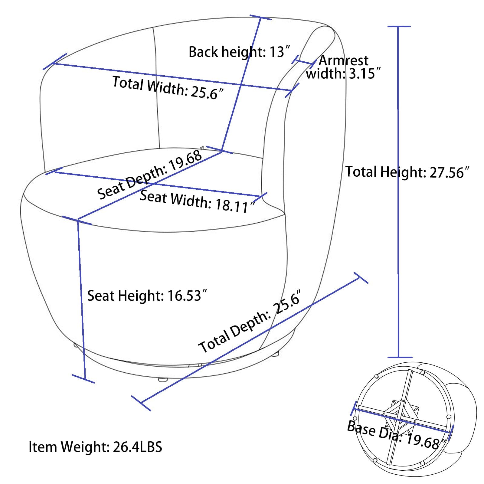 Teddy Fabric Swivel Accent Armchair Barrel Chair With Black Powder Coating Metal Ring,Dark Blue