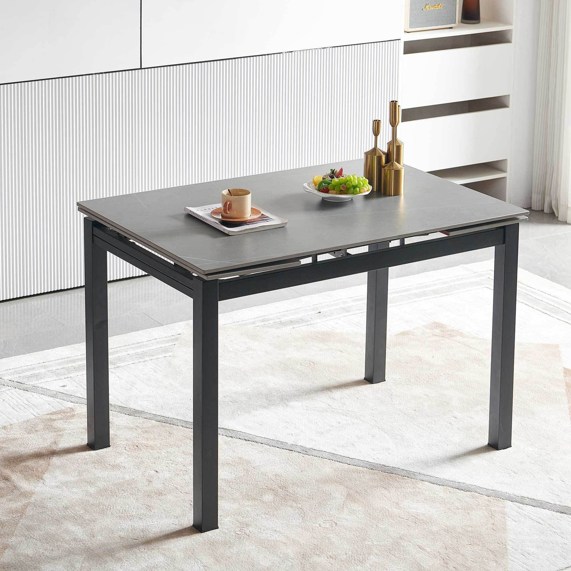 Grey Ceramic Modern Rectangular Expandable Dining Room Table For Space-Saving Kitchen Small Space -Table Top