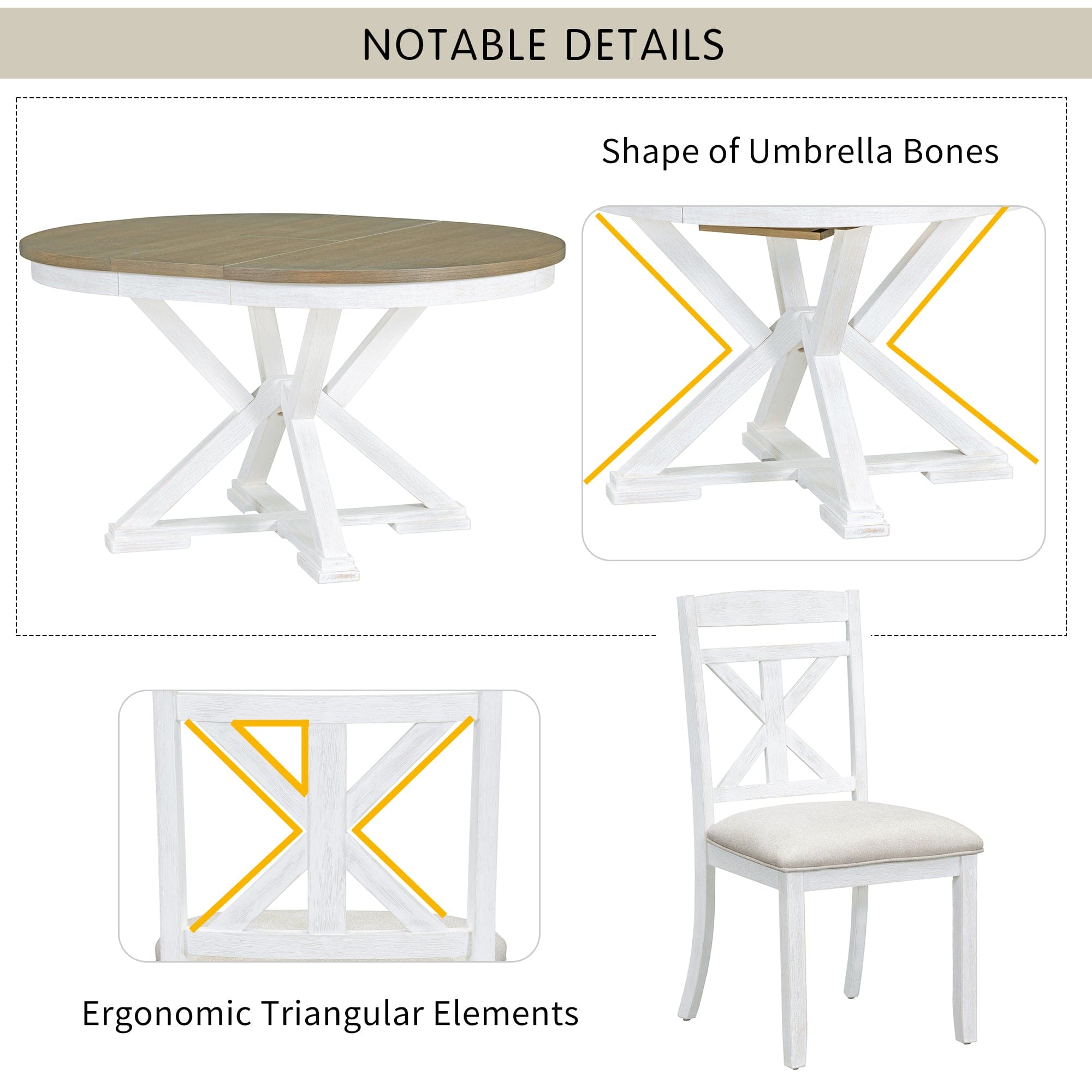 TREXM 5-Piece Retro Functional Dining Table Set Extendable Round Table and 4 Upholstered Chairs for Dining Room and Living Room (Brown+Antique White)