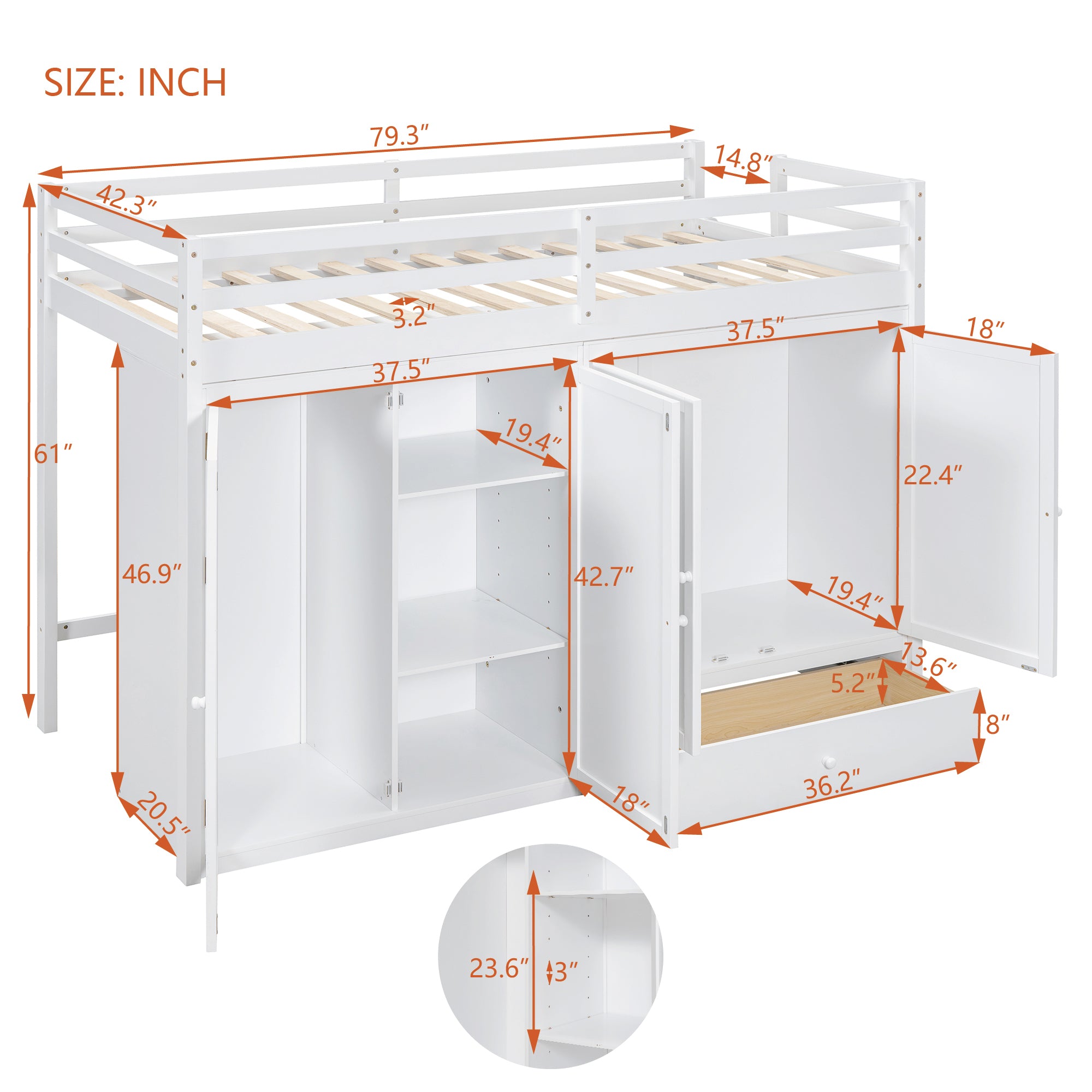 Twin size Loft Bed with Drawer, Two Wardrobes and Mirror, White