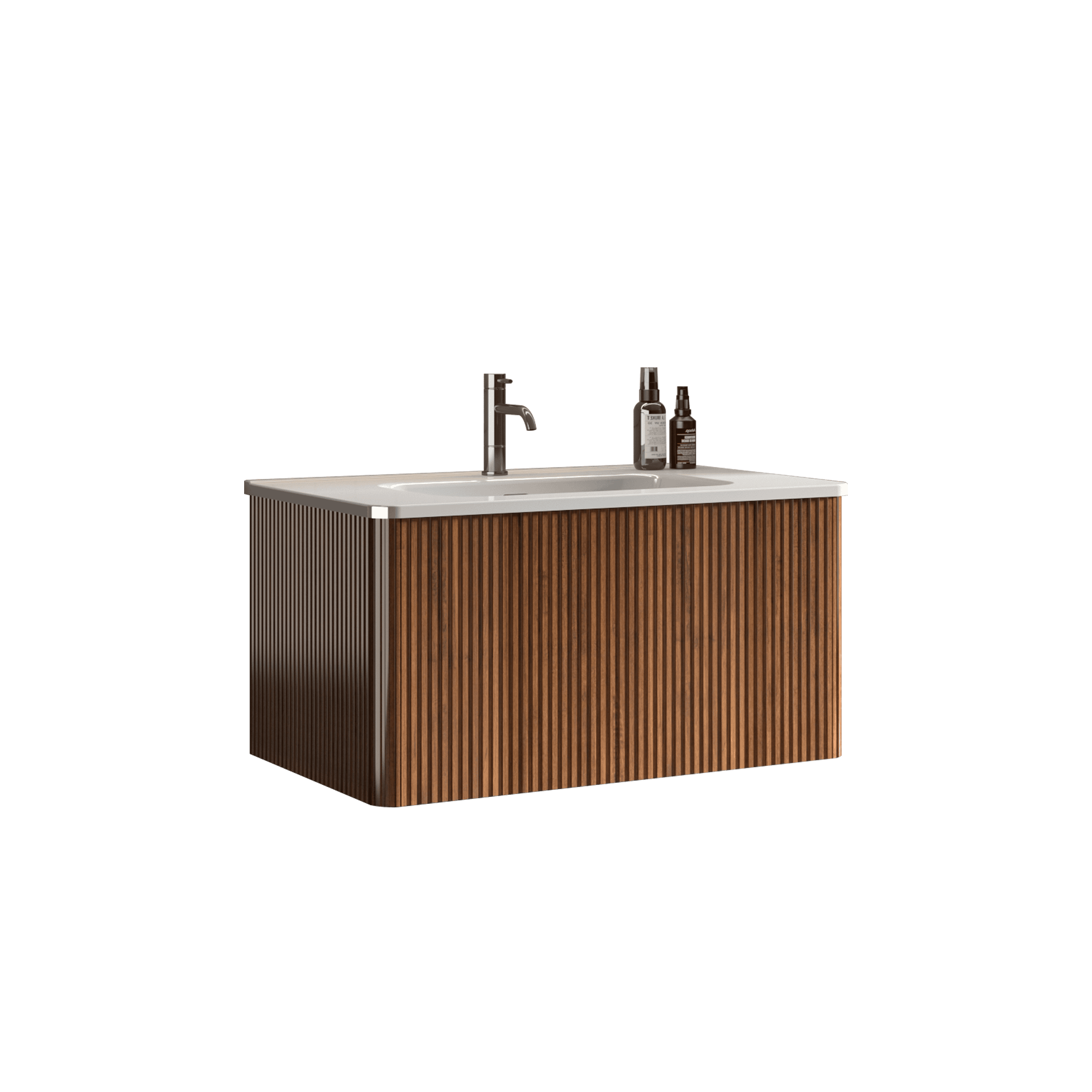 U047-Etna30W-305 Etna 30" Striped Walnut Bathroom Vanity with White Ceramic Sink, Wall Mounted Floating Bathroom Vanity for Modern Bathroom, One-Piece White Basin without Drain and Faucet