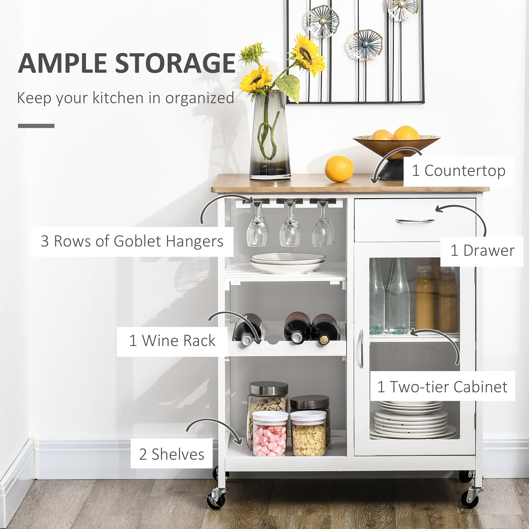 HOMCOM Rolling Kitchen Island with Storage, Kitchen Cart with 4-bottle Wine Rack, Bar Cart with Stemware Holder, Shelves, Drawer and Cabinet, White