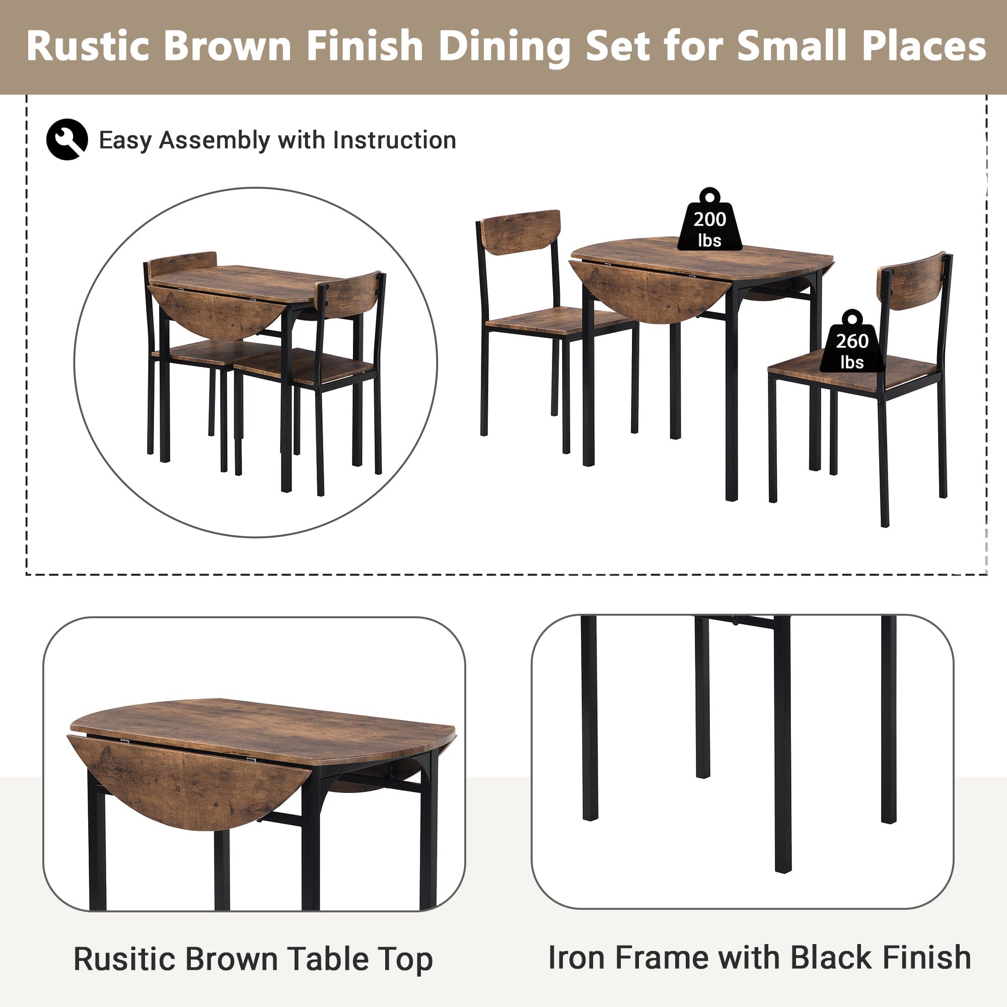 TOPMAX Modern 3-Piece Round Dining Table Set with Drop Leaf and 2 Chairs for Small Places,Black Frame+Rustic Brown Finish