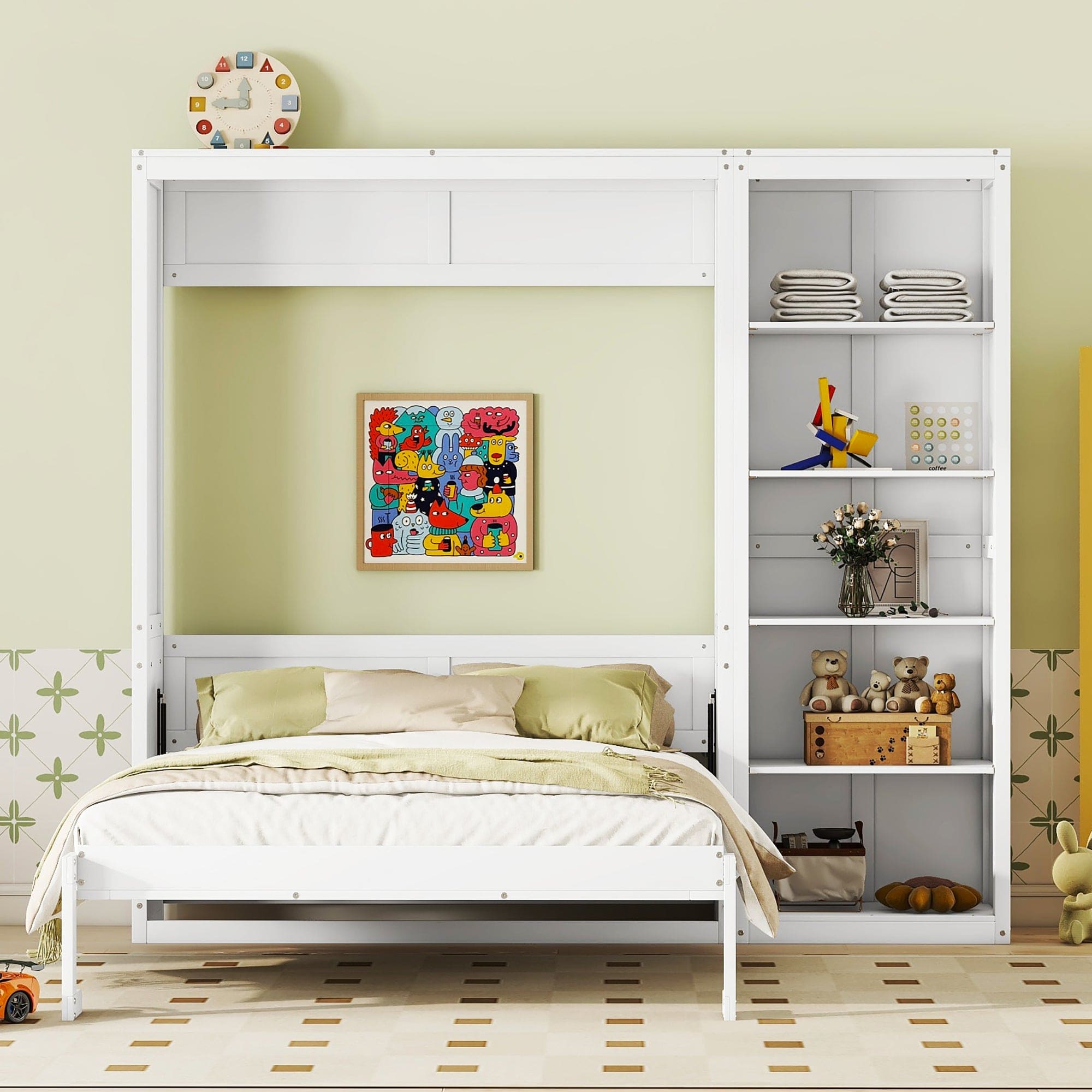 Queen Size Murphy Bed Wall Bed with Shelves,White