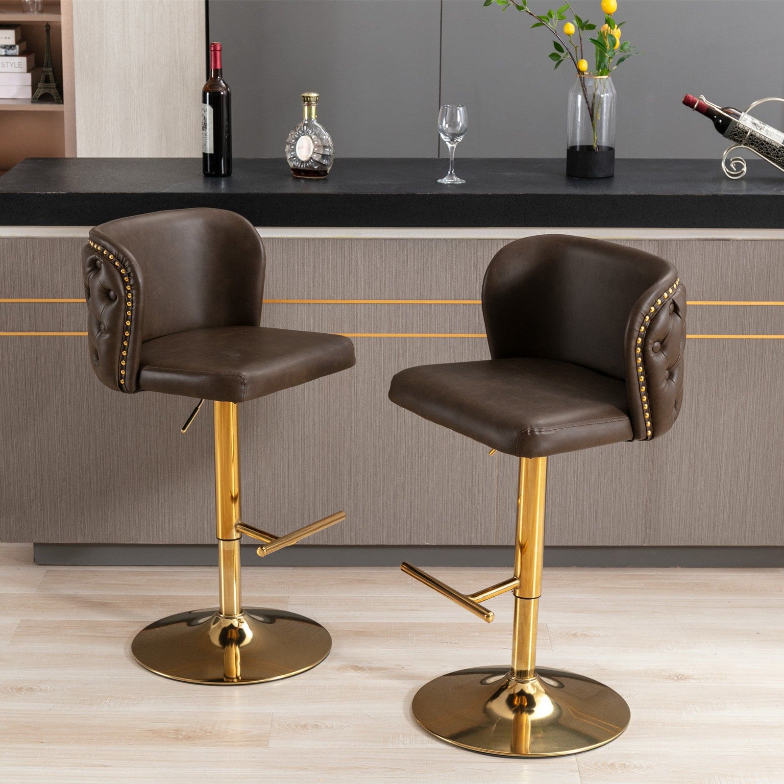 A&A Furniture,Swivel Barstools Adjusatble Seat Height, Modern PU Upholstered Bar Stools with  the whole Back Tufted, for Home Pub and Kitchen Island（Brown, Set of 2）