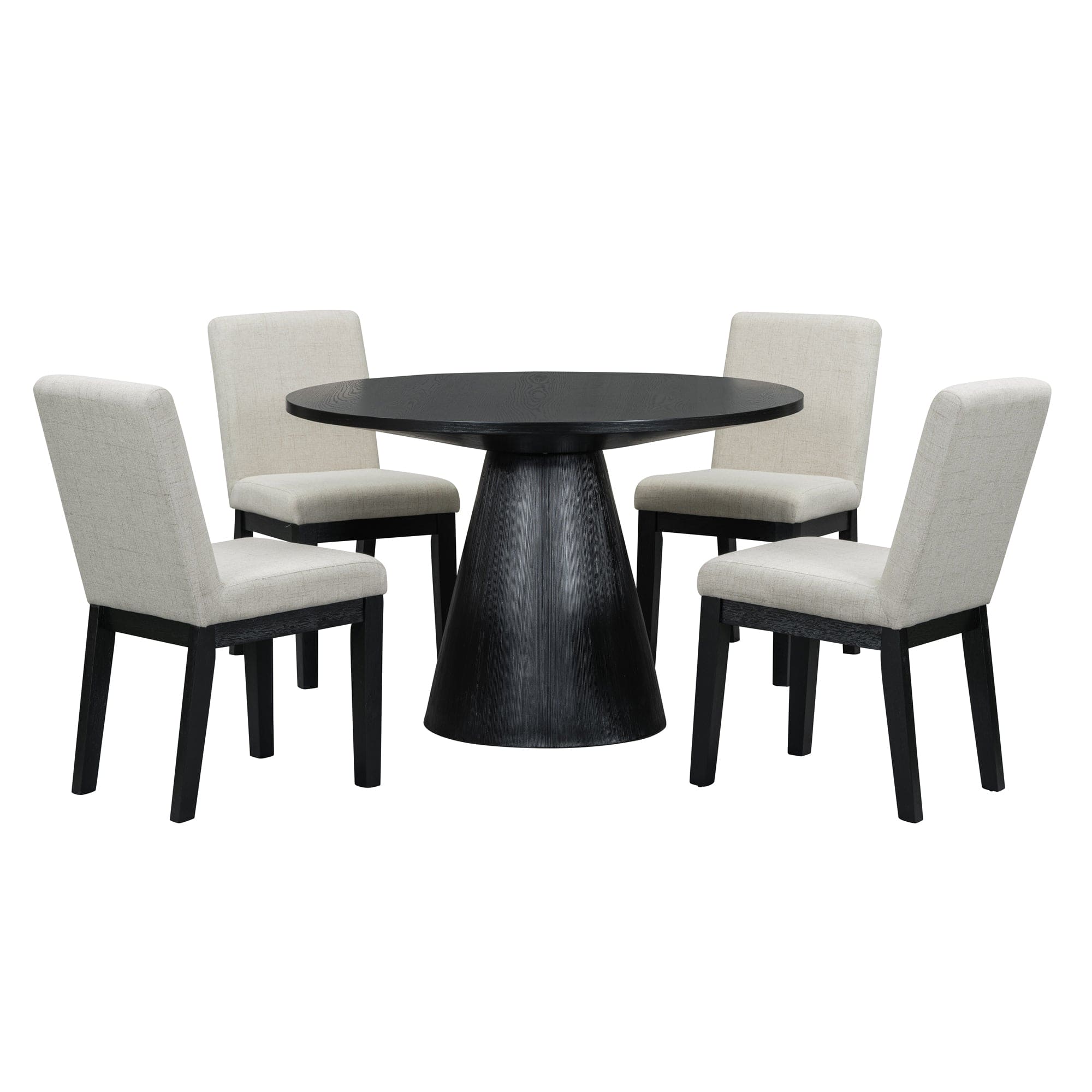 TREXM 5-piece Dining Set Retro Round Table with 4 Upholstered Chairs for Living Room, Dining Room (Black)