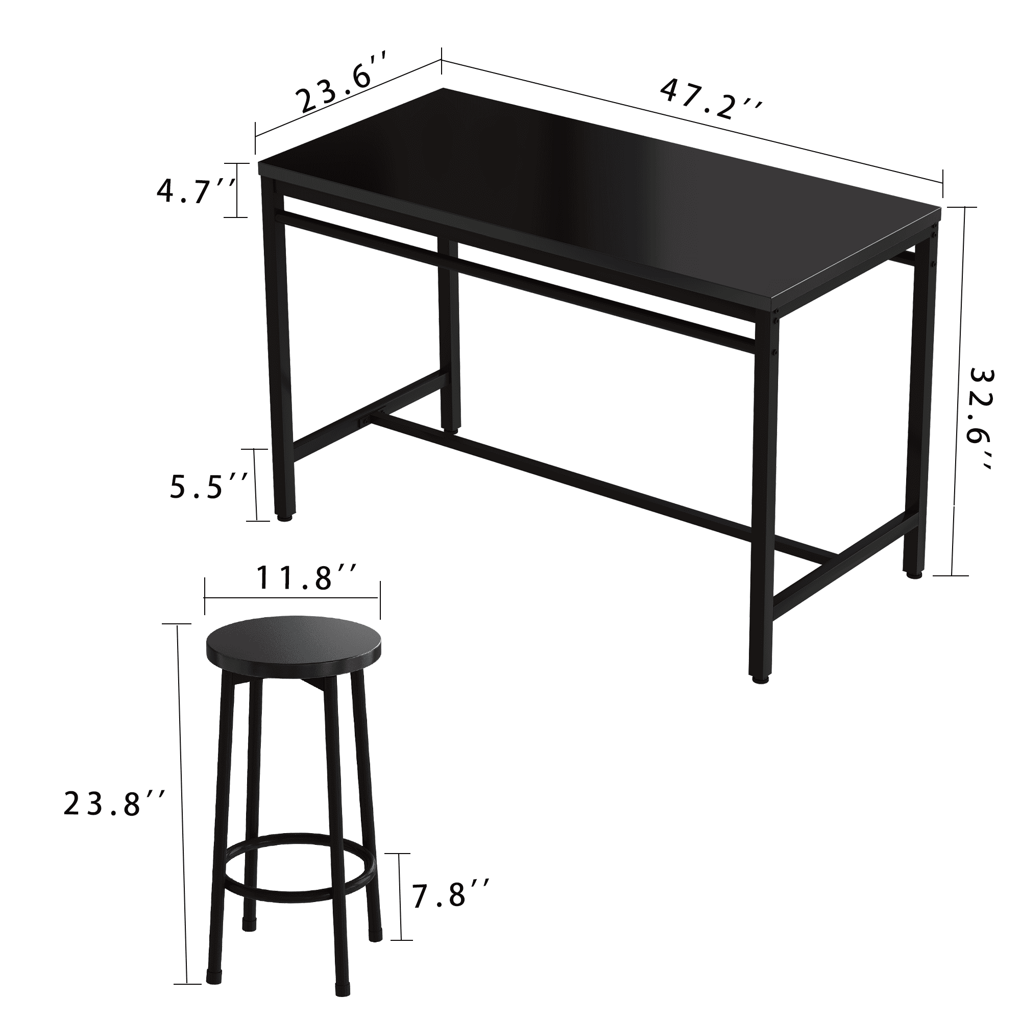 5-piece rural kitchen table with four bar stools, metal frame and MDF, black