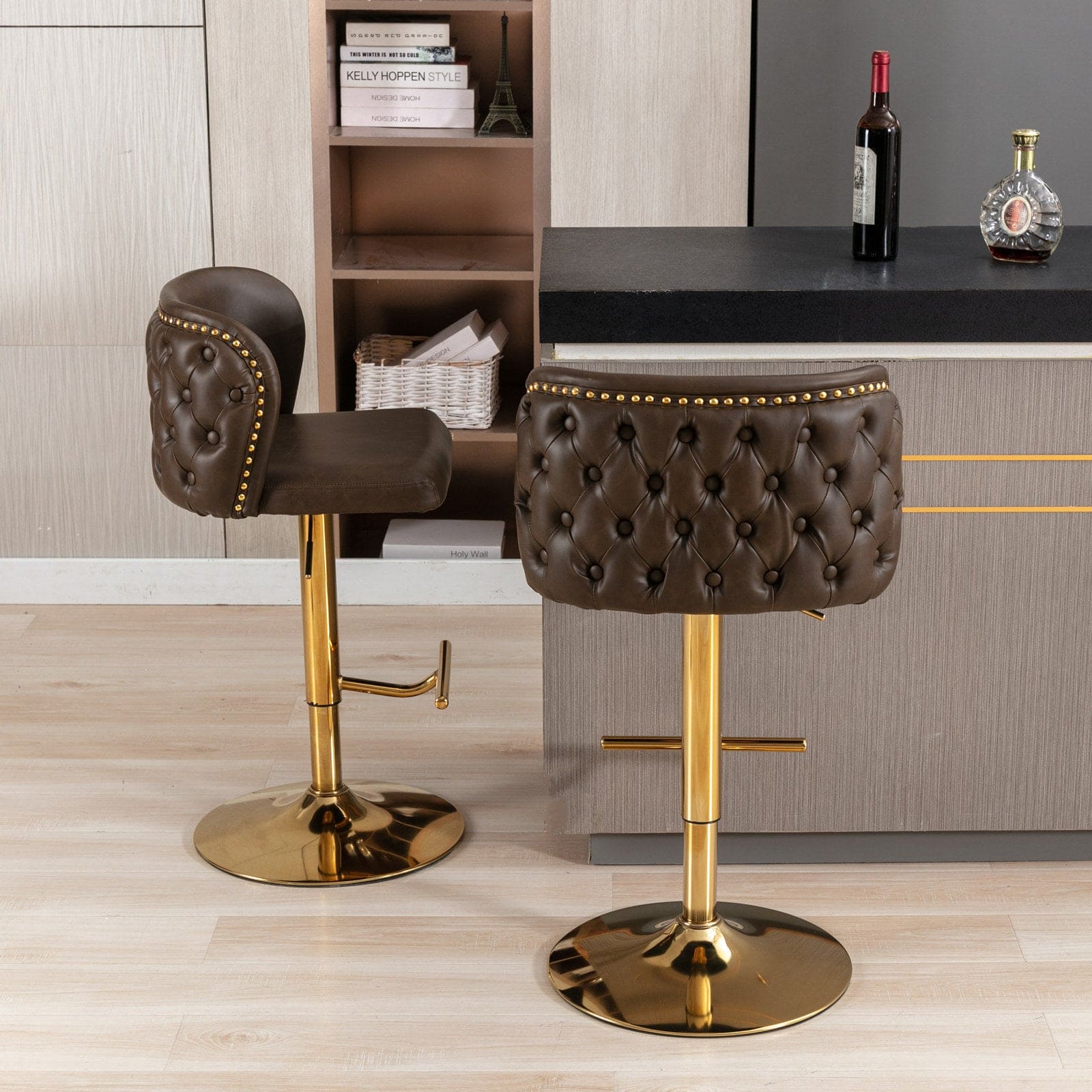 A&A Furniture,Swivel Barstools Adjusatble Seat Height, Modern PU Upholstered Bar Stools with  the whole Back Tufted, for Home Pub and Kitchen Island（Brown, Set of 2）