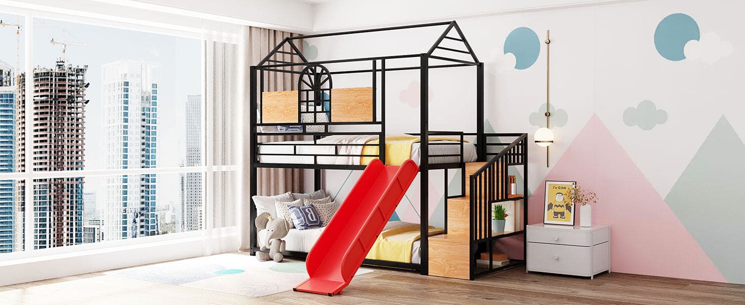 Twin Over Twin Metal Bunk Bed, Metal Housebed with Slide and Storage Stair, Black with Red Slide