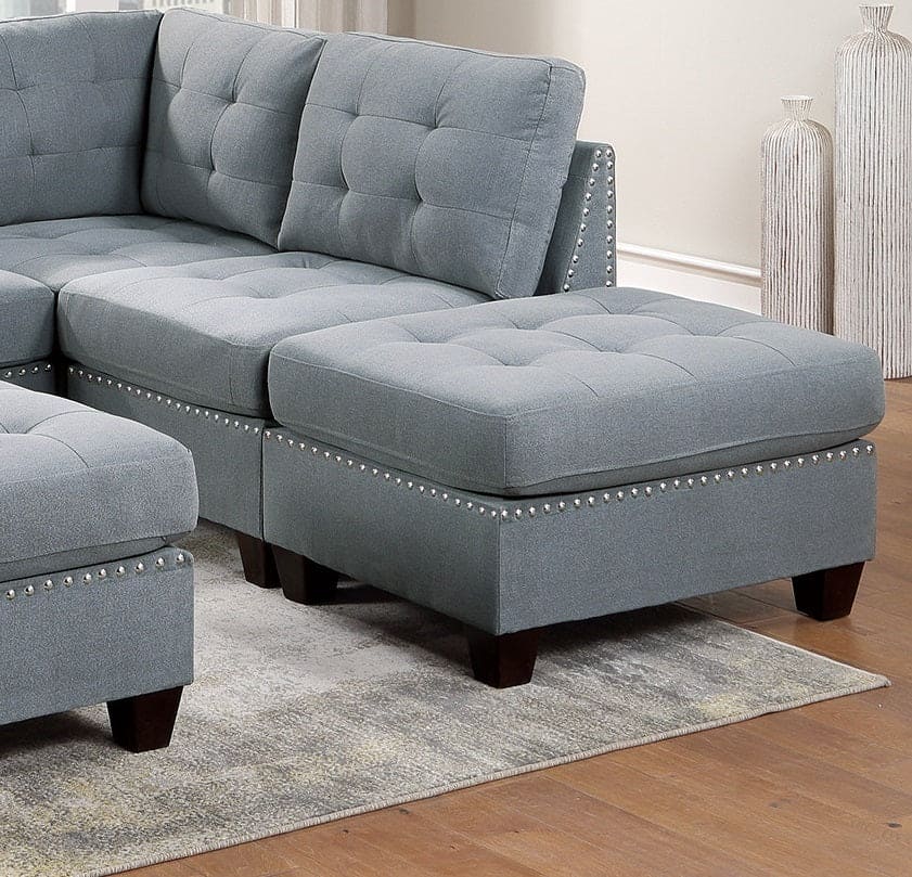 Modular Sectional 6pc Set Living Room Furniture L-Sectional Gray Linen Like Fabric Tufted Nail heads 2x Corner Wedge 2x Armless Chairs and 2x Ottomans