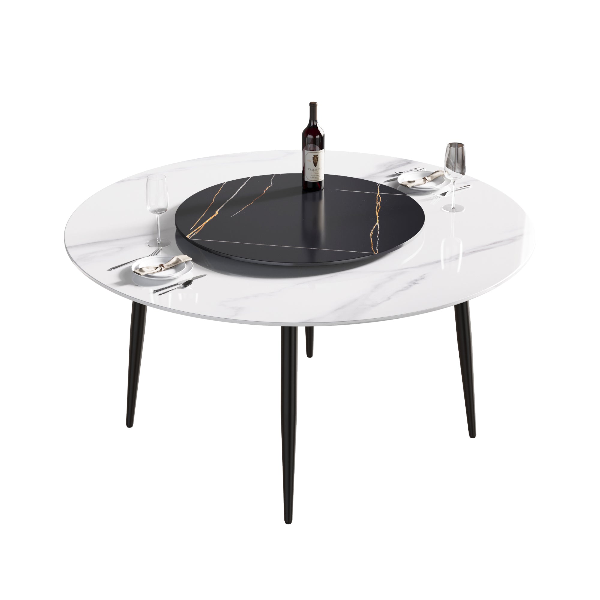 59.05"Modern artificial stone round black metal dining table-can accommodate 6 people-31.5"black artificial stone turntable