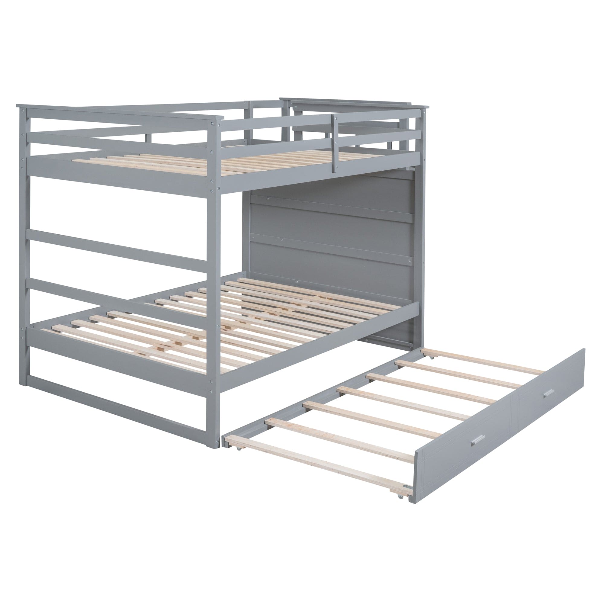 Full Over Full Bunk Bed with Twin Size Trundle and Staircase, Gray