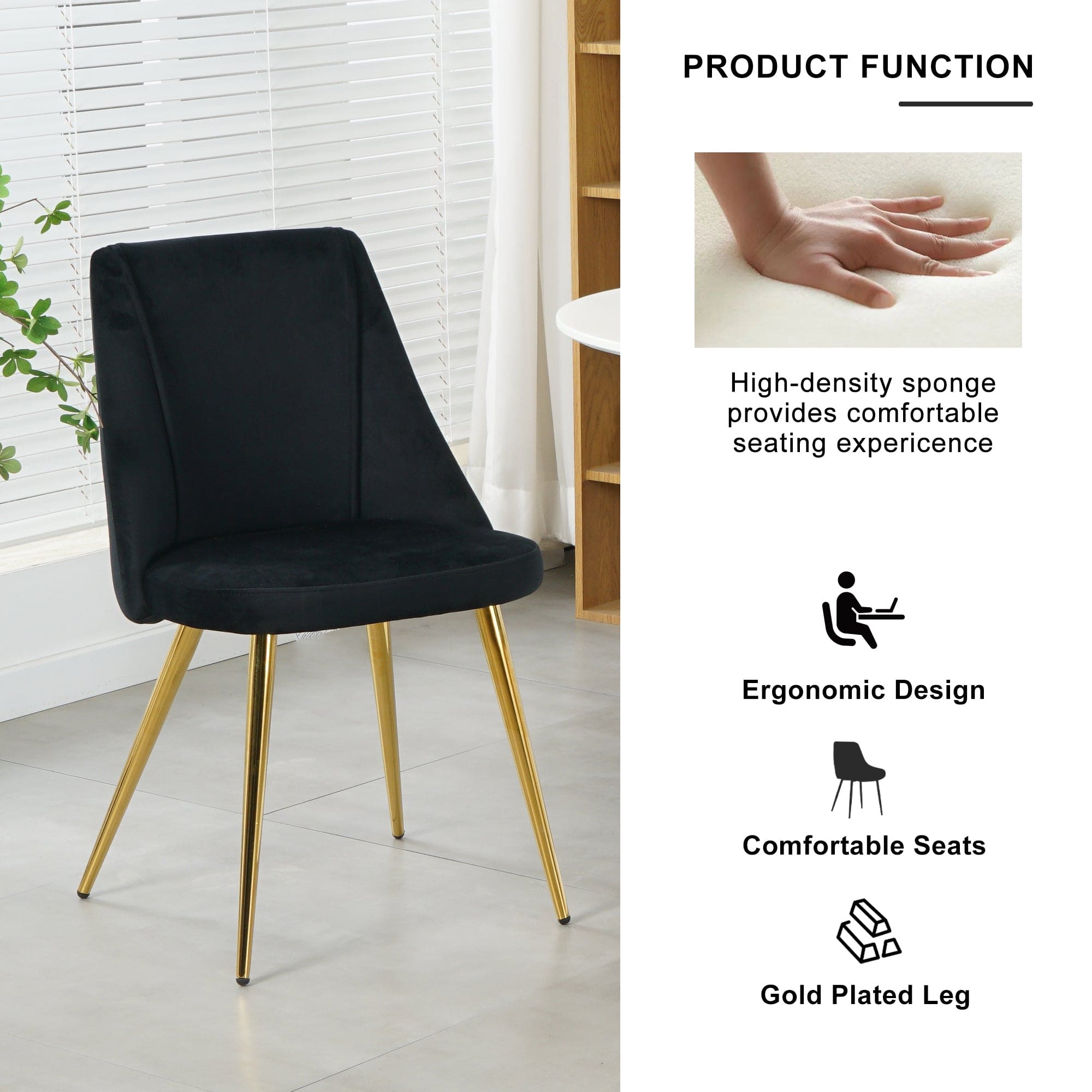 Modern simple velvet dining black chair home bedroom stool back dressing chair student desk chair gold metal legs(set of 4)