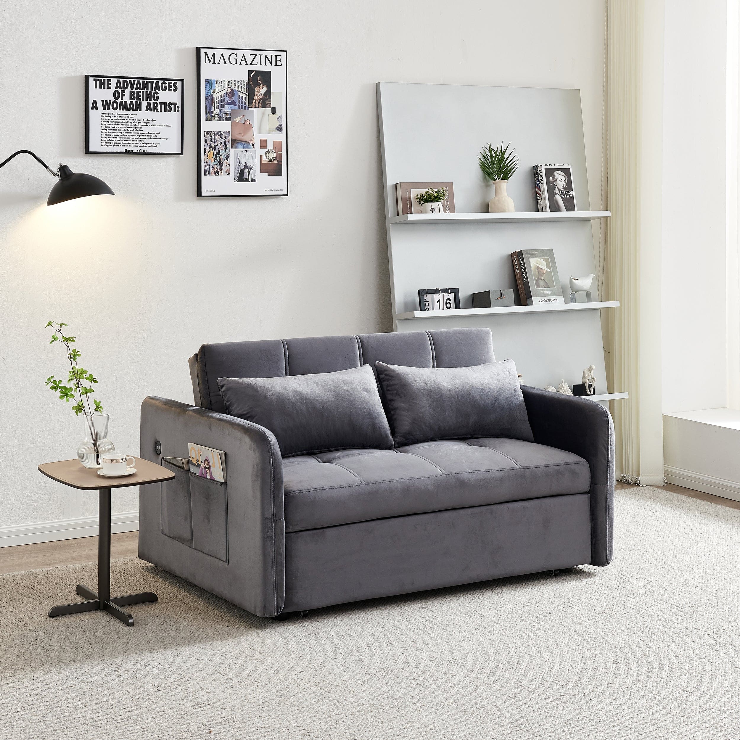 55.5" Twins Pull Out Sofa Bed  Grey Velvet