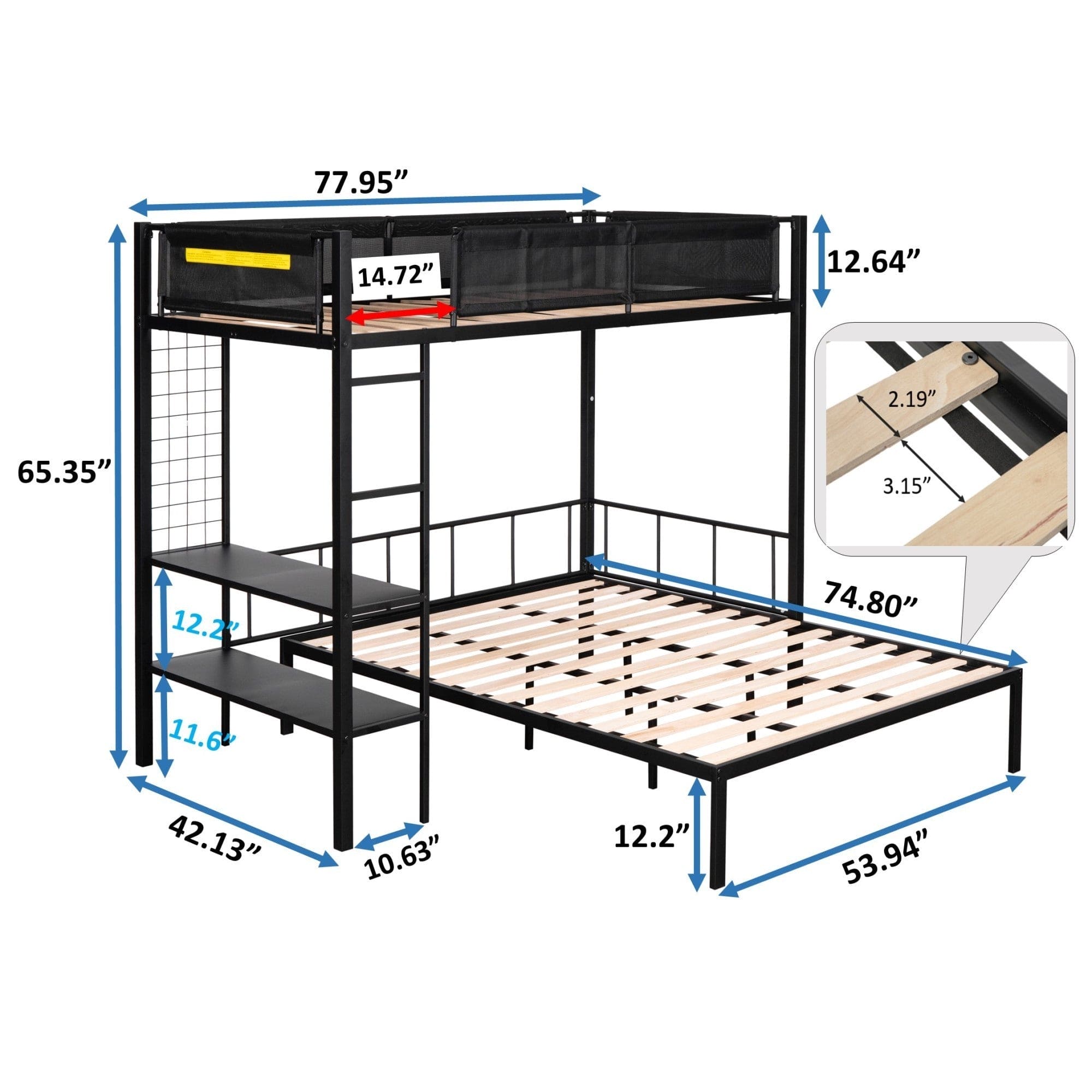 Metal Twin over Full Bunk with Shelves & Grid Panel/ Sturdy Metal Bed Frame/ Noise-free Wood Slats/ Comfortable Textilene Guardrail/ Built-in 2-tier Shelves & Grid Panel/ Separated Full size Bed