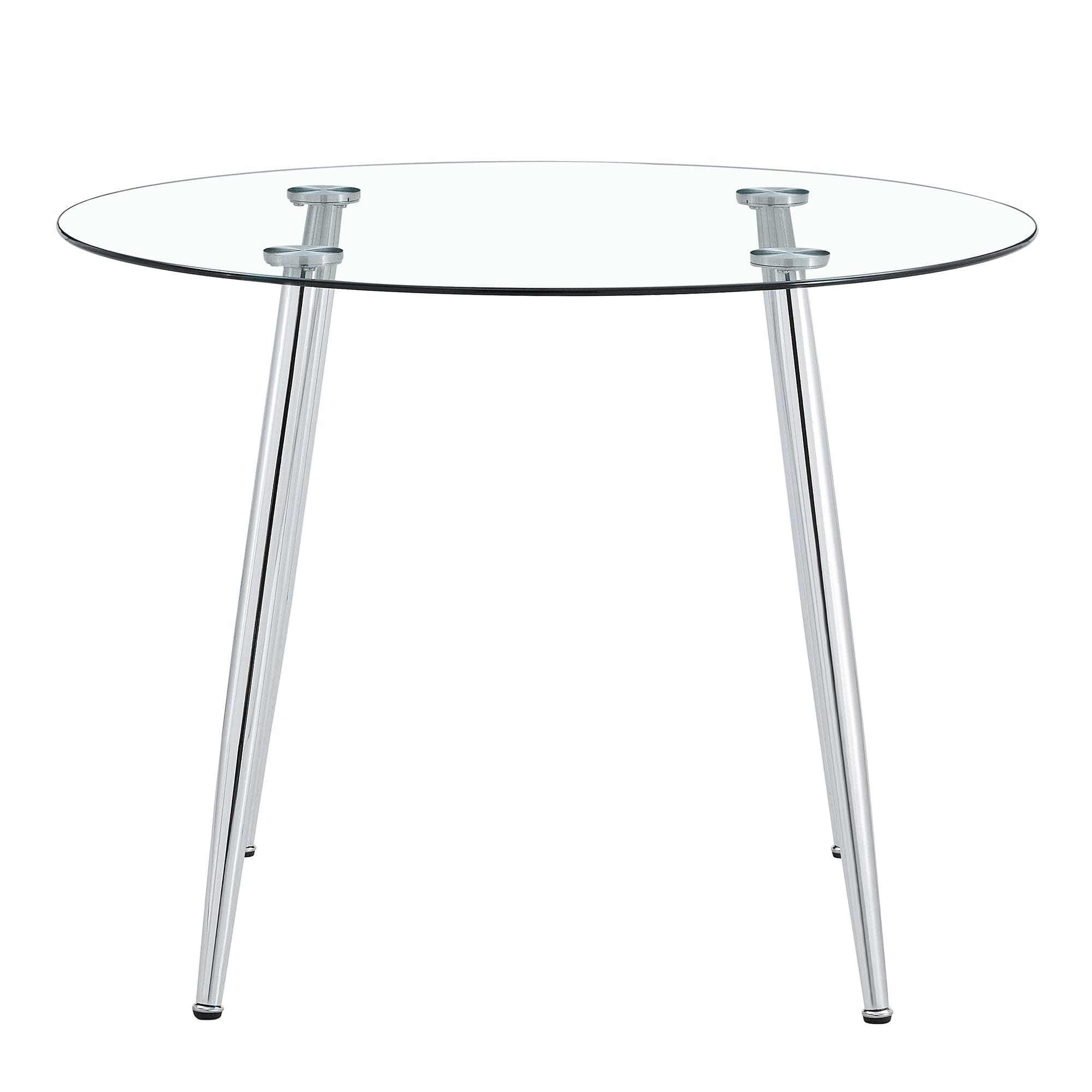 A glass tabletop with a diameter of 40 inches and a modern minimalist circular dining table with electroplated silver metal legs. Suitable for restaurants, living rooms, and conference rooms.DT-1164