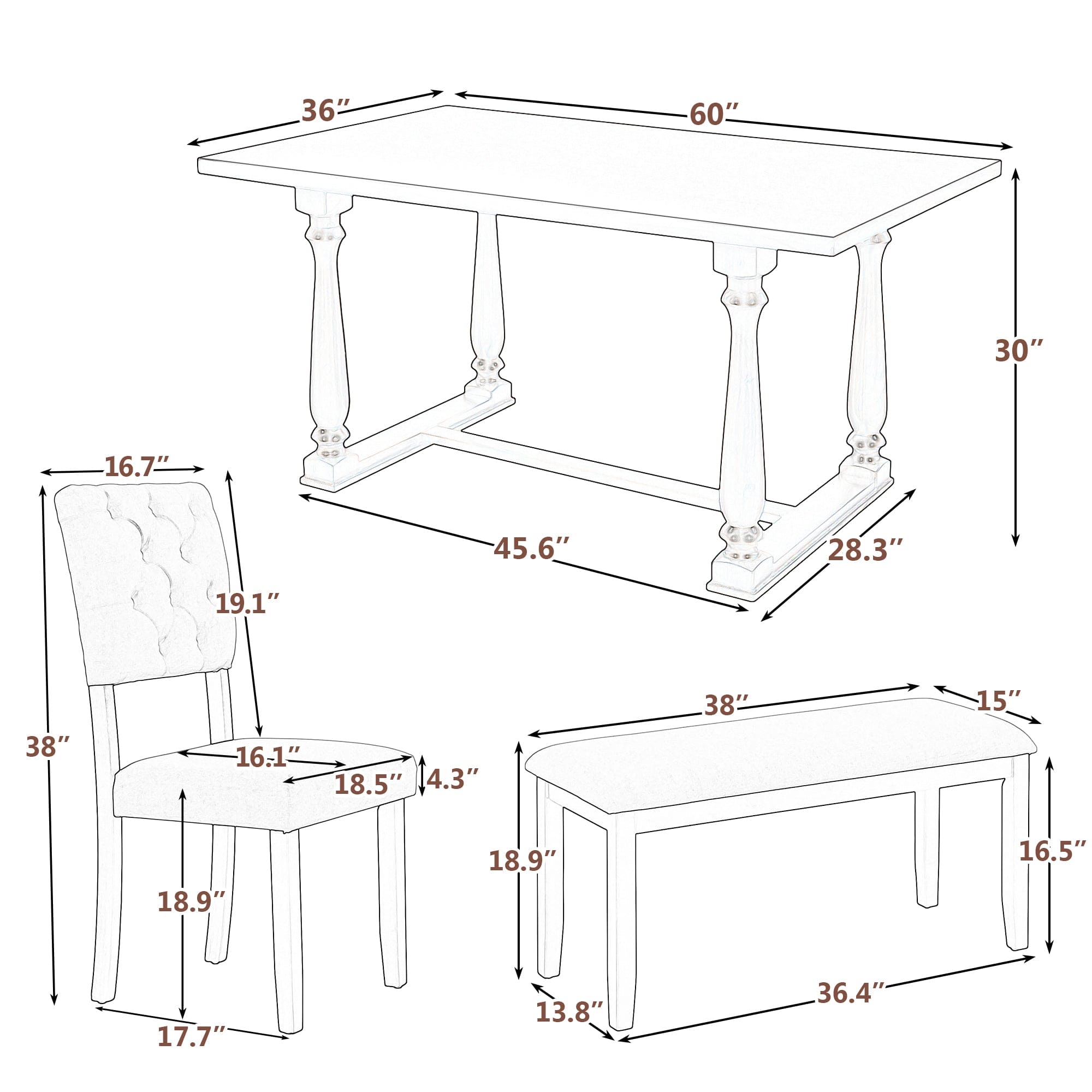 TREXM 6-Piece Dining Table and Chair Set with Special-shaped Legs and Foam-covered Seat Backs&Cushions for Dining Room (Espresso)