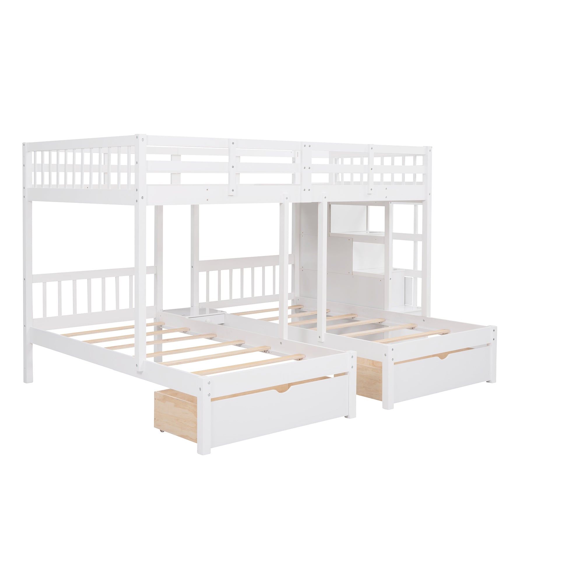 Full Over Twin & Twin Bunk Bed, Wood Triple Bunk Bed with Drawers and Guardrails (White)