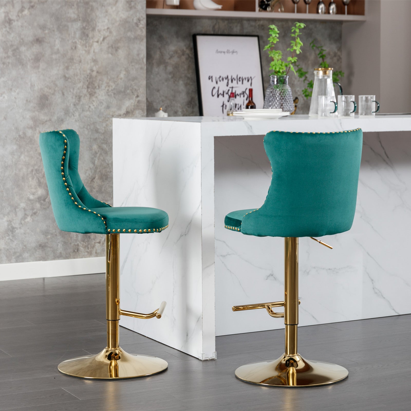 A&A Furniture,Golden Swivel Velvet Barstools Adjusatble Seat Height from 25-33 Inch, Modern Upholstered Bar Stools with Backs Comfortable Tufted for Home Pub and Kitchen Island（Green,Set of 2）