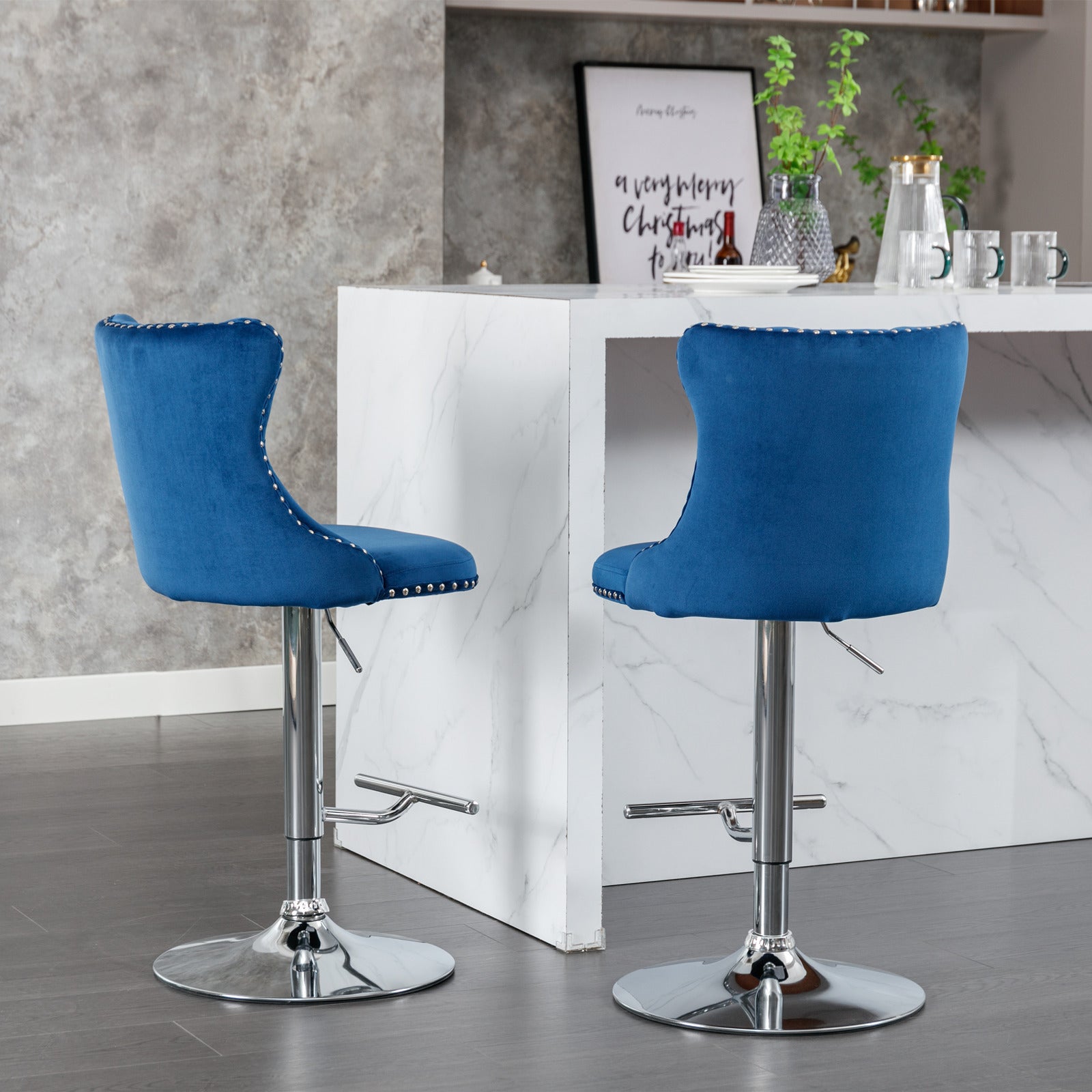 A&A Furniture,Swivel Velvet Barstools Blue,Set of 2