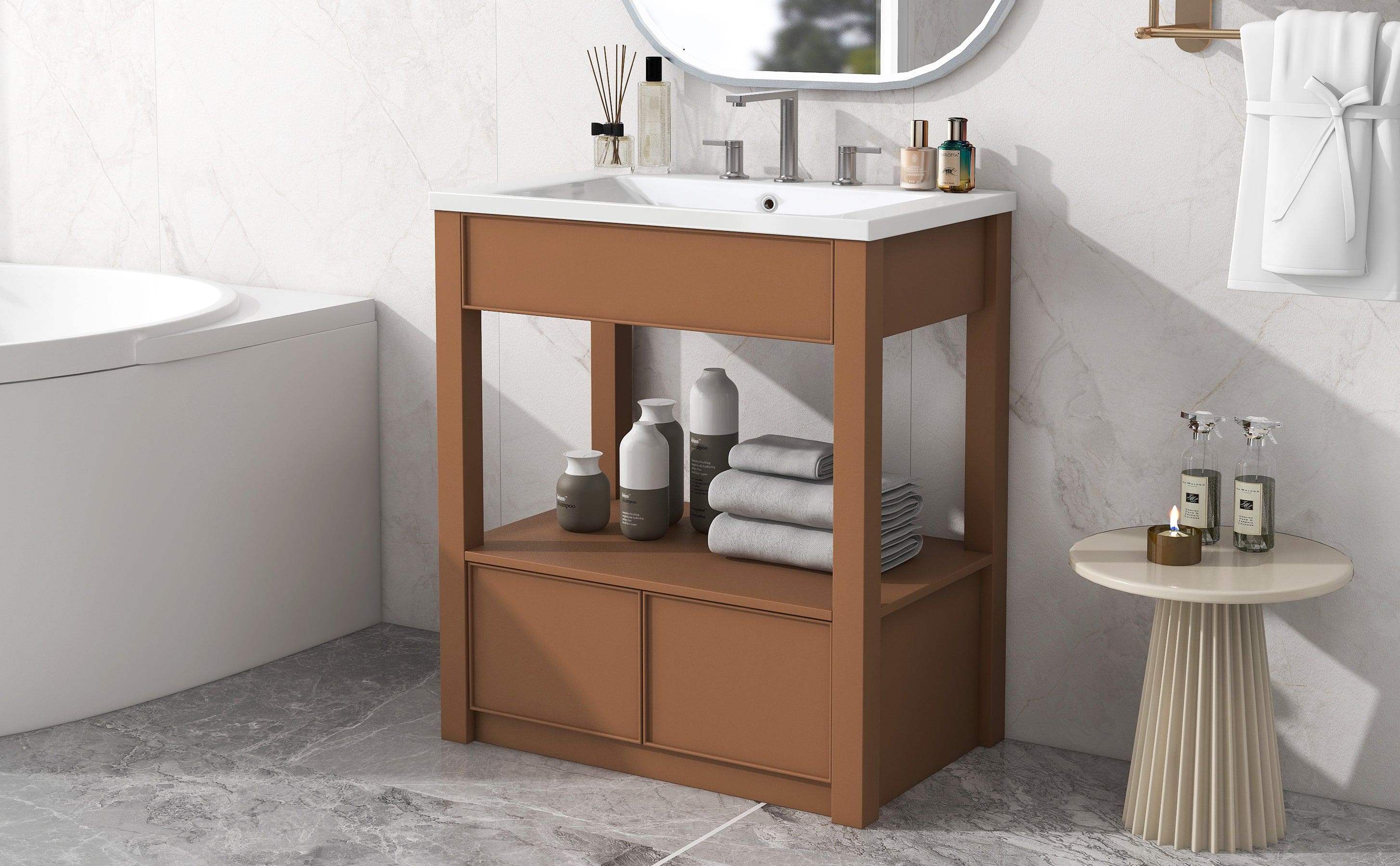 30" Bathroom Vanity with Sink Top, Bathroom Cabinet with Open Storage Shelf and Two Drawers, Brown