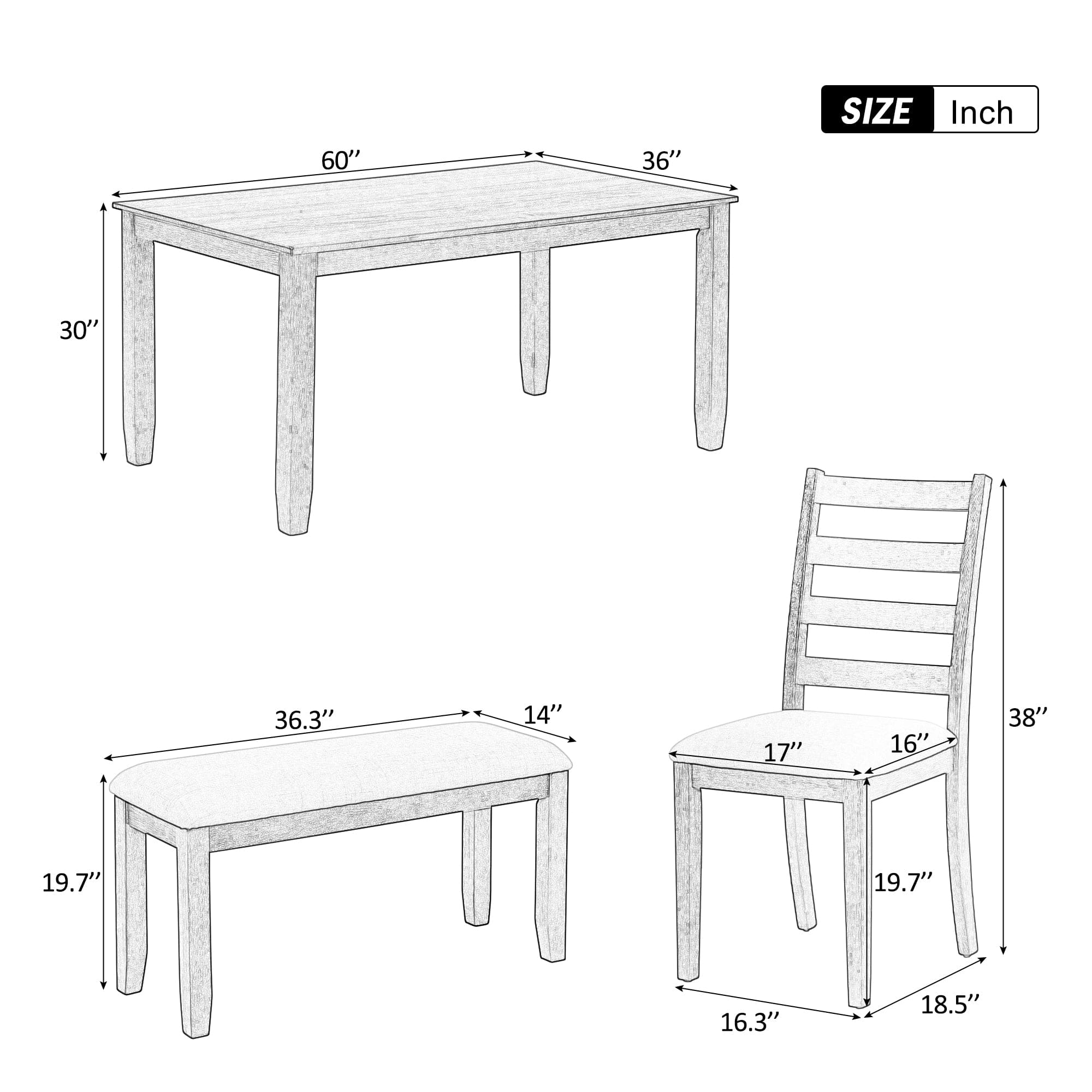 TREXM Rustic Style 6-Piece Dining Room Table Set with 4 Upholstered Chairs & a Bench (Brown + Whitewash)