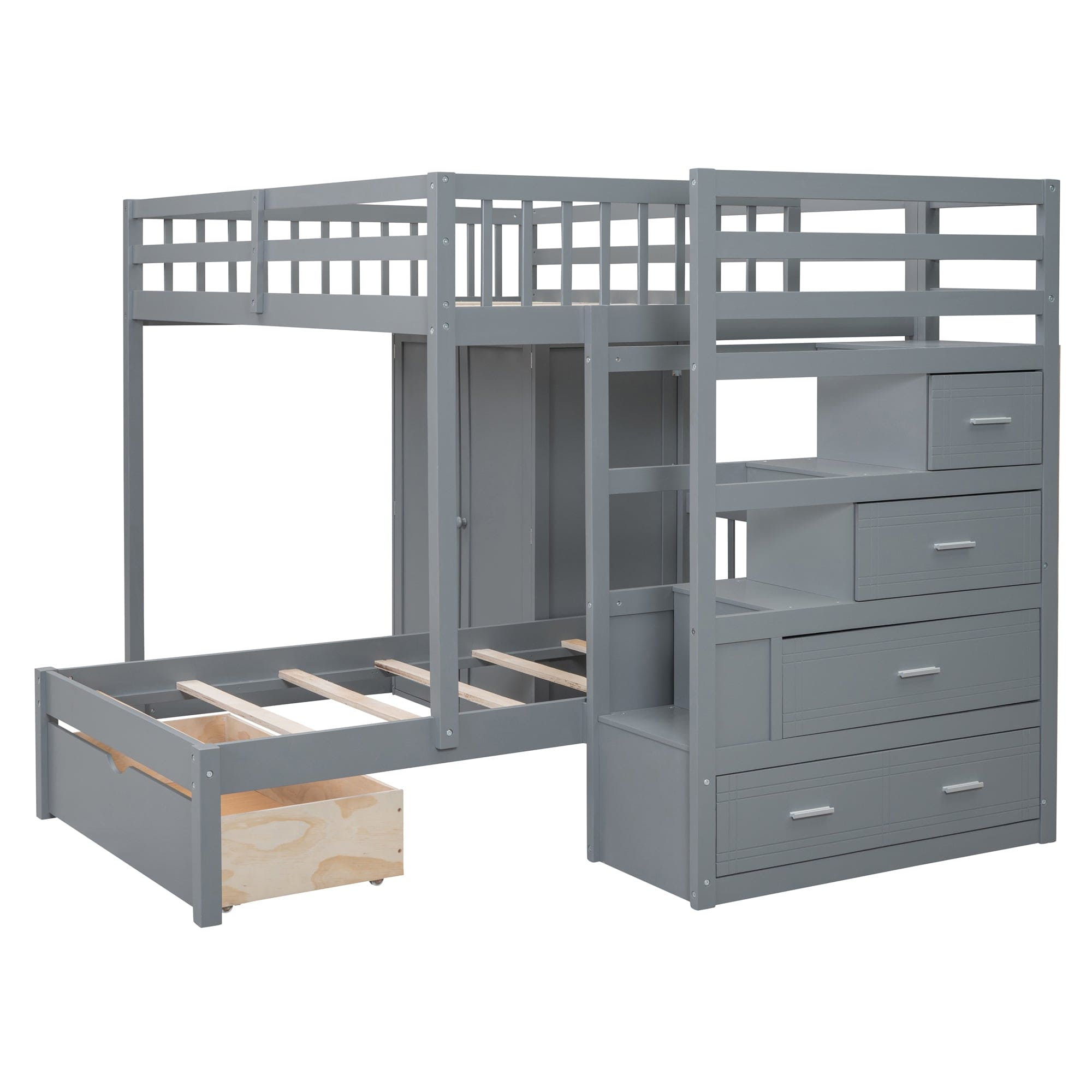 Full Over Twin Bunk Bed with Wardrobe, Drawers, Gray