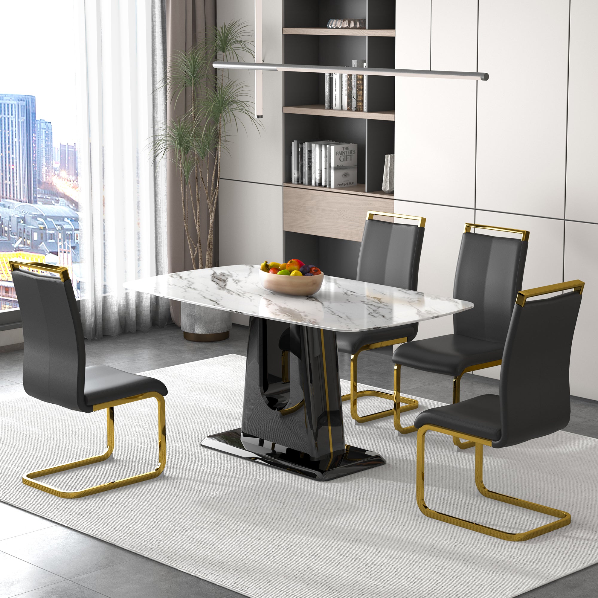 1 table and 4 chairs. Modern, simple and luxurious white imitation marble rectangular dining table and desk with 4 black PU gold plated leg chairs 63'' x 35.4'' X 30''