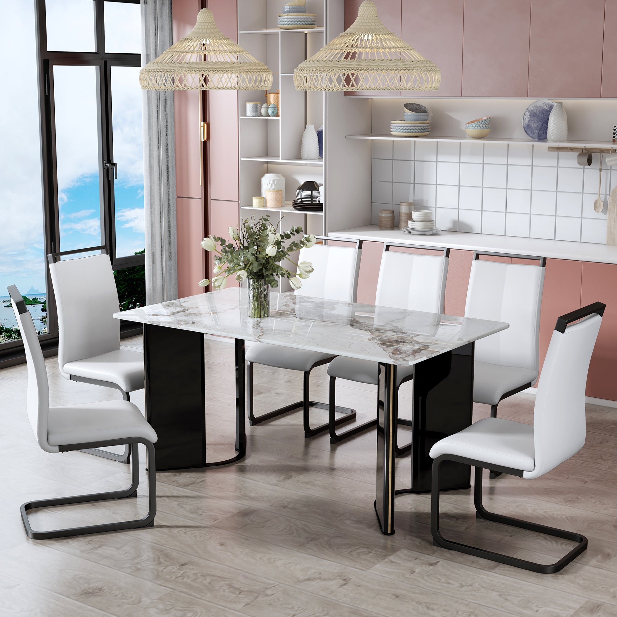 Modern minimalist rectangular dining table, white imitation marble tabletop, MDF table legs with gold metal decorative strips. Suitable for restaurant and living room   F-HH