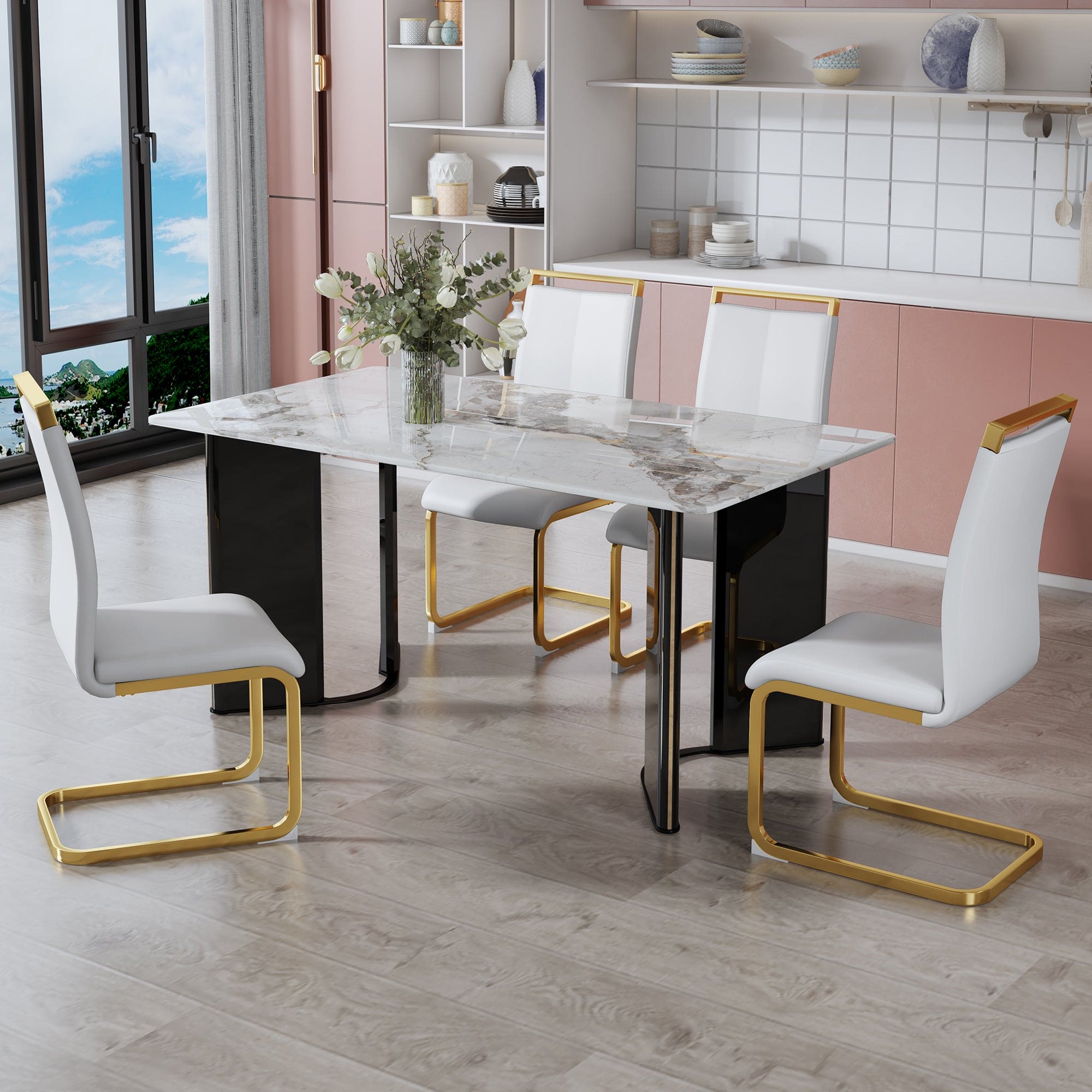 Table and chair set. 1 table and 4 white PU backrest cushions with gold metal leg chairs . A rectangular white imitation marble desktop with MDF legs and gold metal decorative strips. HH1162