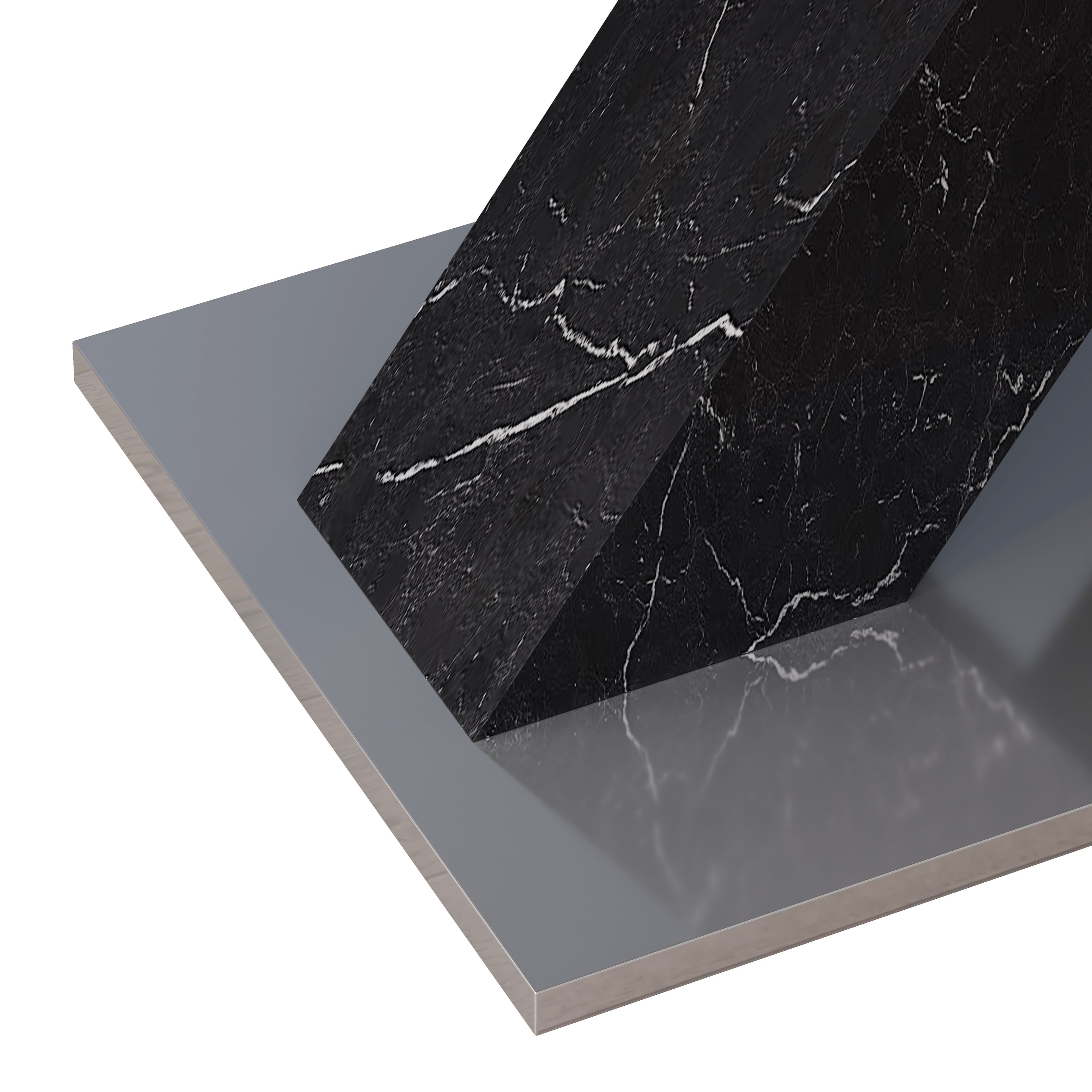 Modern Square Dining Table,Stretchable,Printed Black Marble Table Top+MDF X-Shape Table Leg with Metal Base