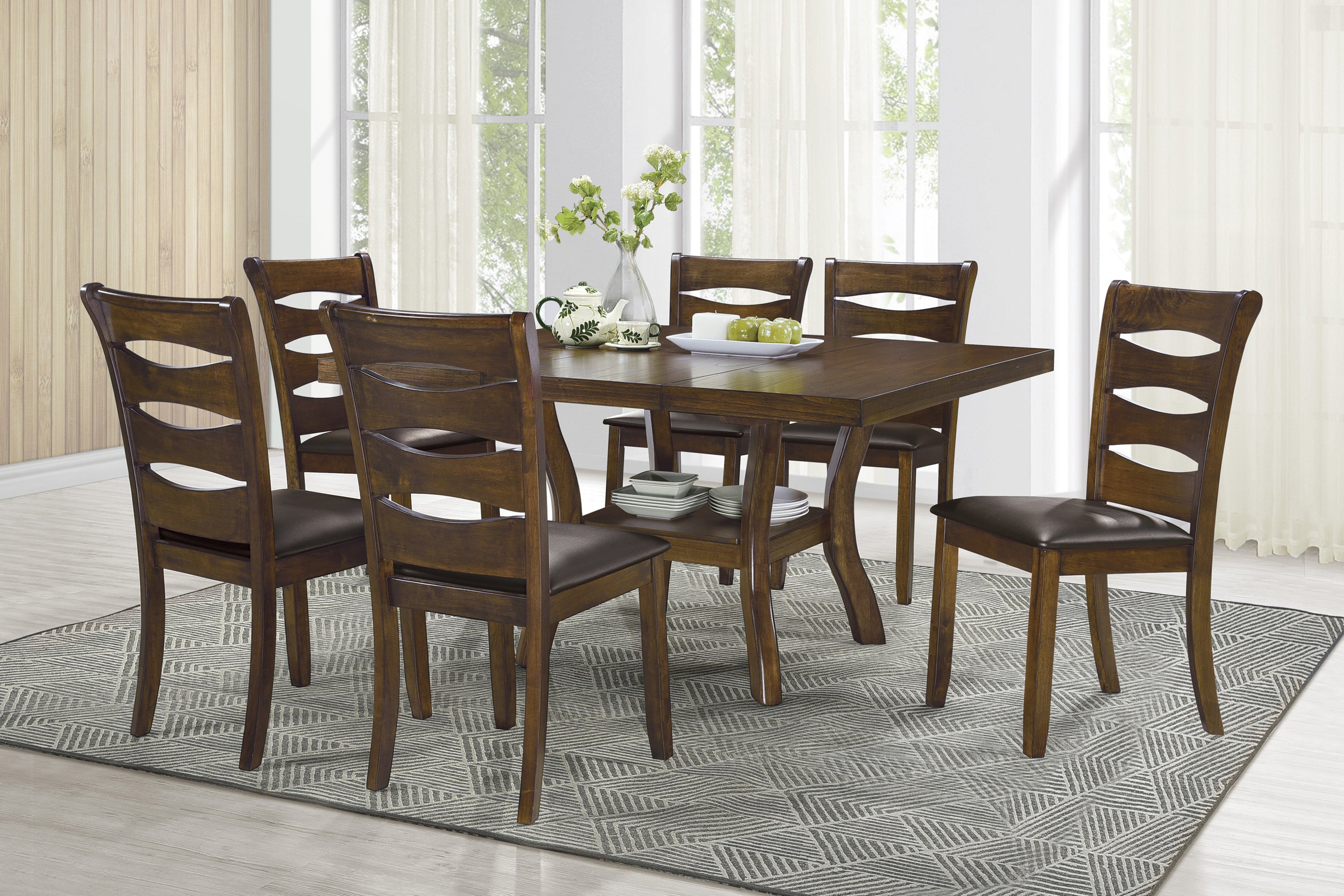 Transitional Dining Room Furniture 7pc Dining Set Table w Self-Storing Leaf and 6x Side Chairs Brown Finish Wooden Furniture