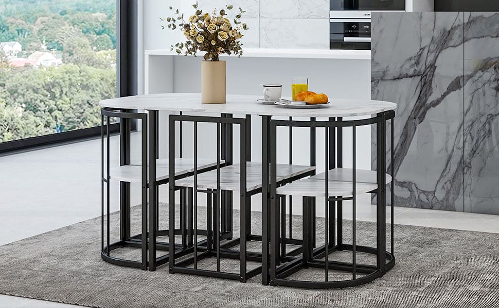 TOPMAX Modern 7-Piece Dining Table Set with Faux Marble Compact 55Inch Kitchen Table Set for 6, Black+White