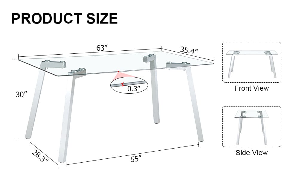 A modern minimalist rectangular glass dining table with tempered glass tabletop and silver metal legs, suitable for kitchens, restaurants, and living rooms,63"*35.4"*30"